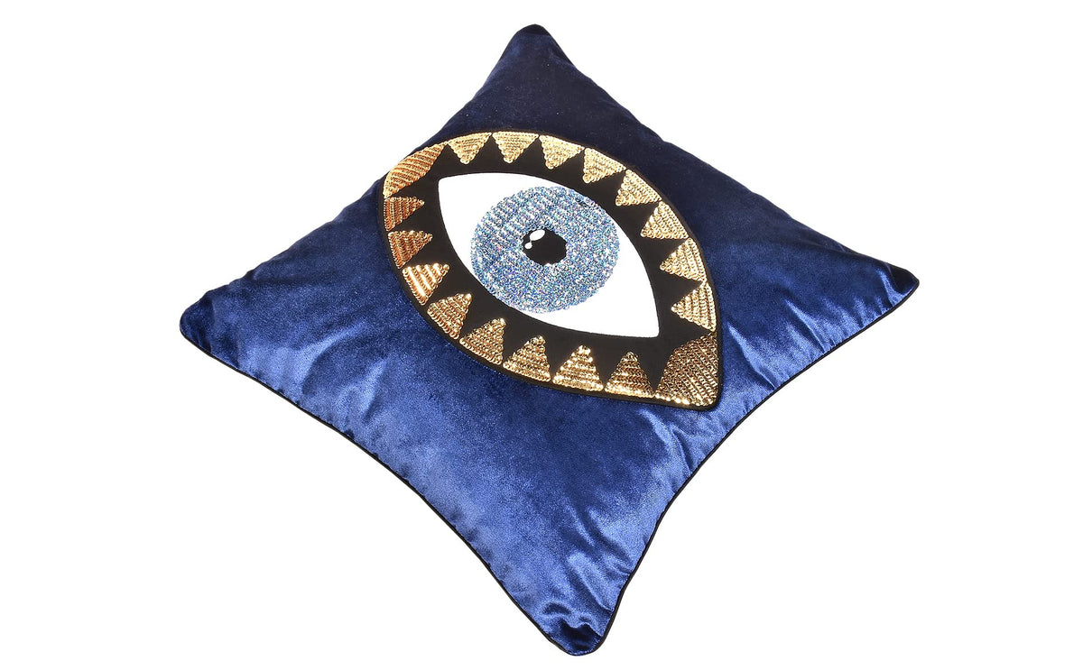 18"x18" Evil Eye Embroidery Velvet Throw Pillow Cover – Navy Blue & Gold, Zipper