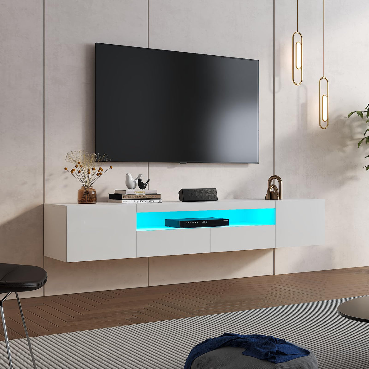 Floating Wall-Mounted TV Stand with LED Light & Storage Cabinet