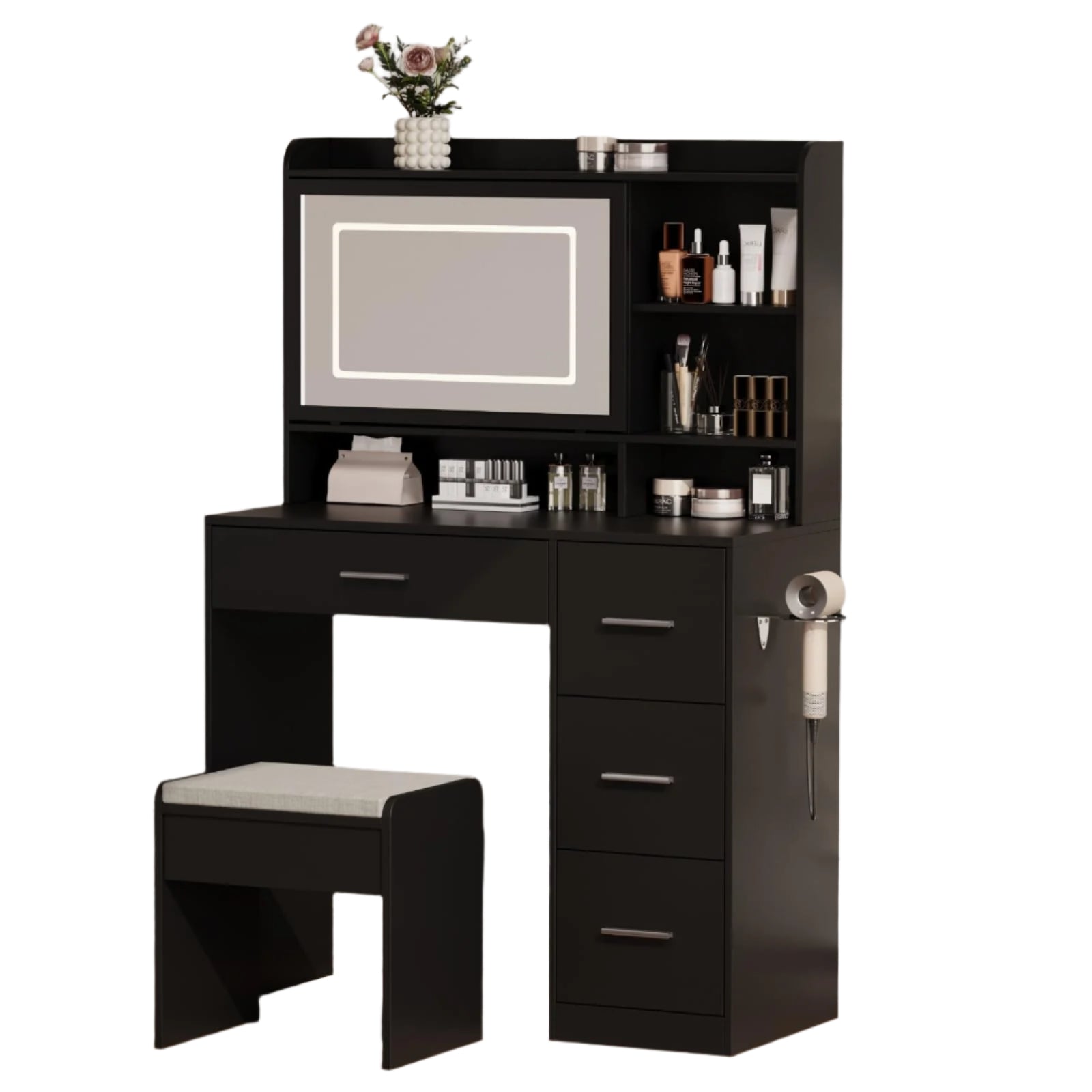 Desk with a Mirror and Lights，with Chair and Four Drawers, Three Adjustable