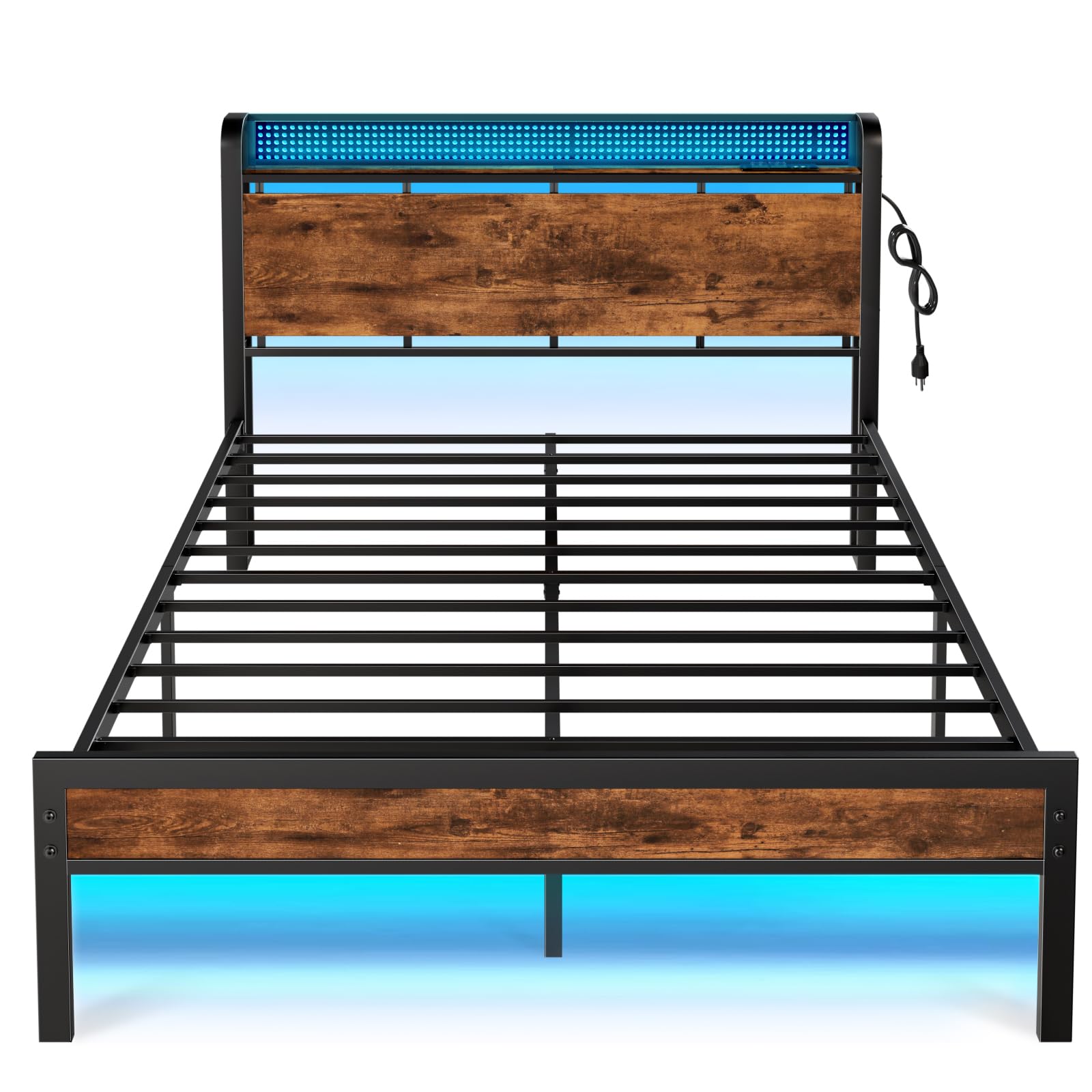 Queen Bed Frame with Charging Station and LED Lights,Industrial