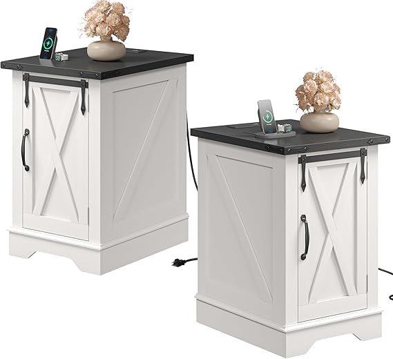 Charging Station,Farmhouse 25" End Tables with Barn DoorLarge