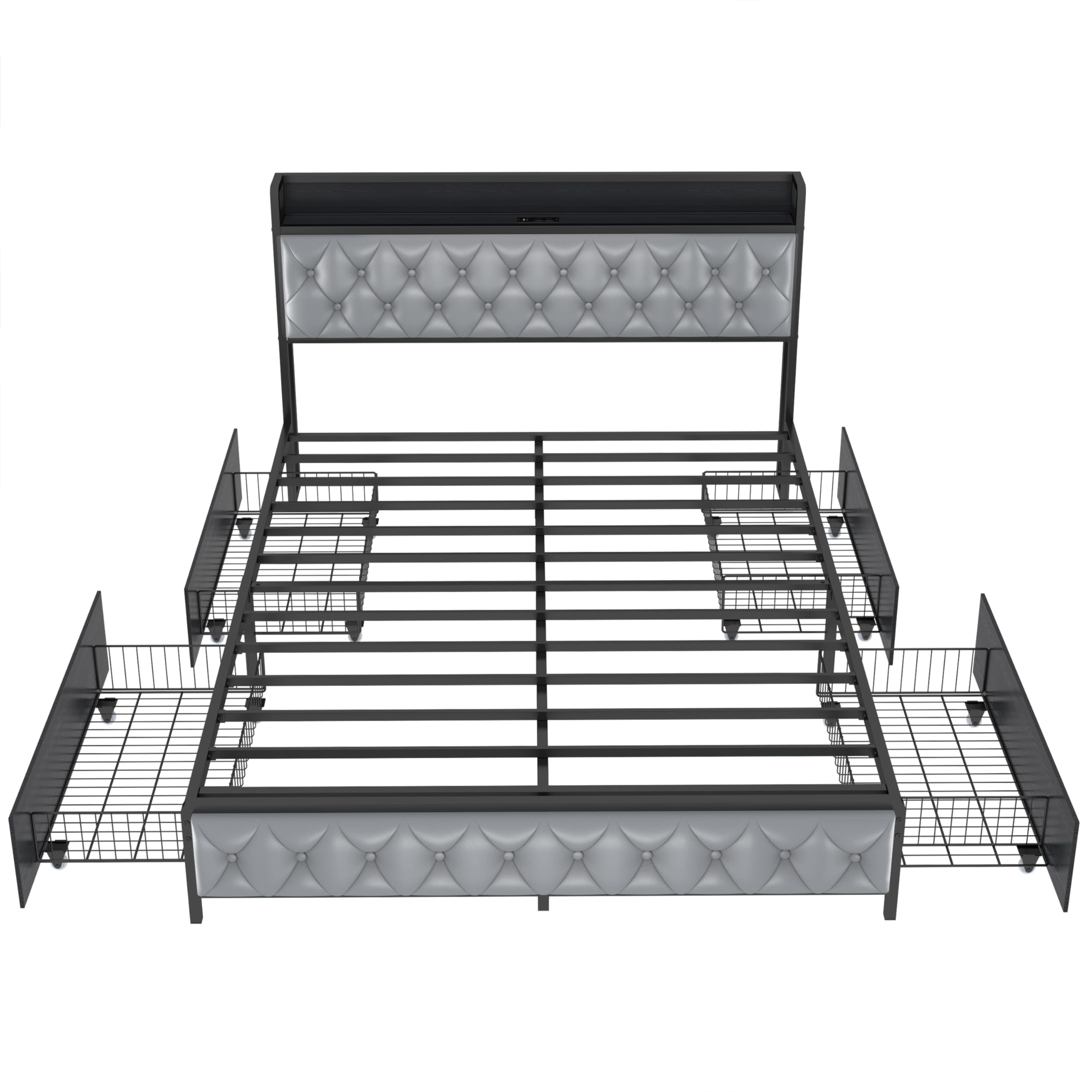 Full Size Bed Frame with Button Headboard, PU Leather, All-Metal