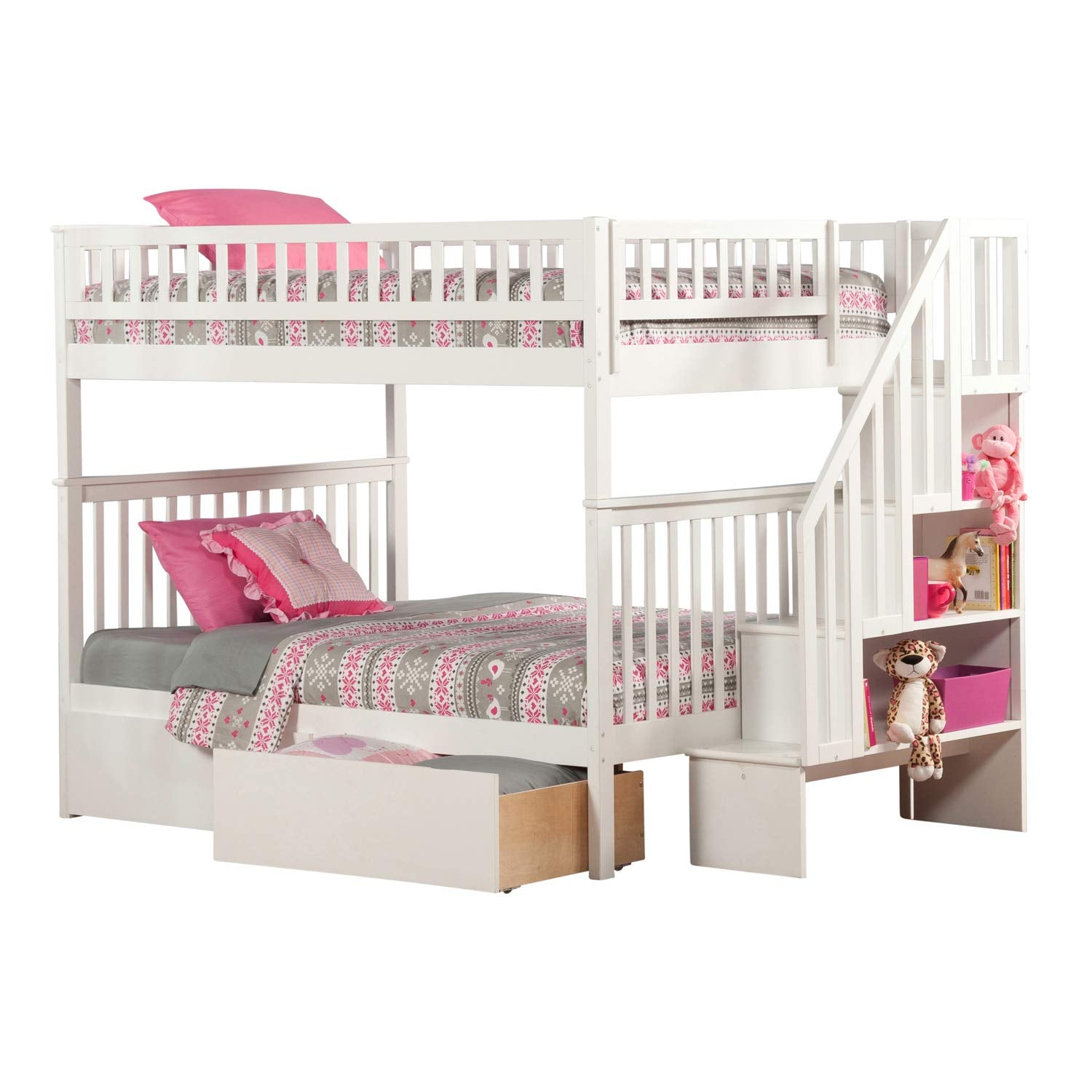 Staircase Bunk Bed Full Over Full with Bed Drawers and Attachable
