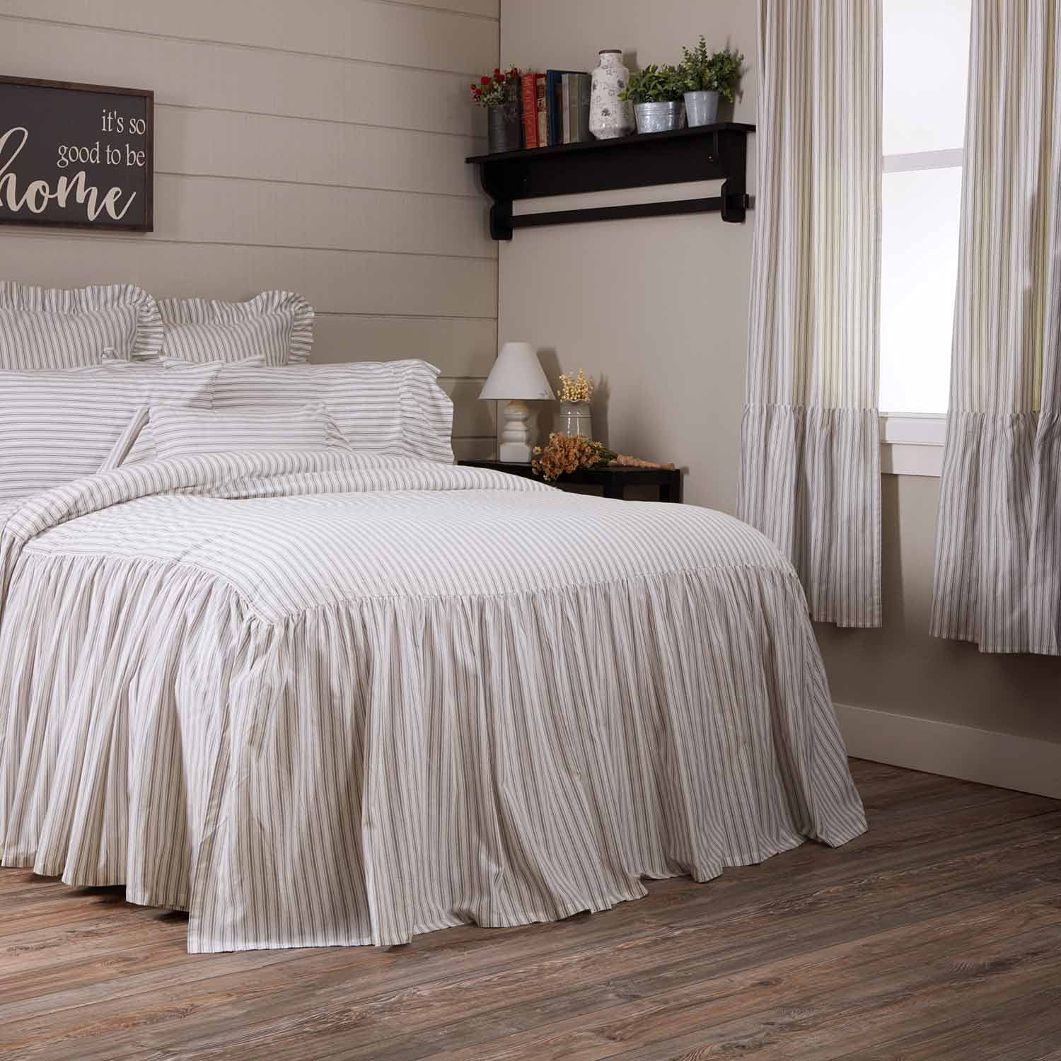 Timeless Ticking Ruffled King Size Bedspread, High Skirt on 3 Sides