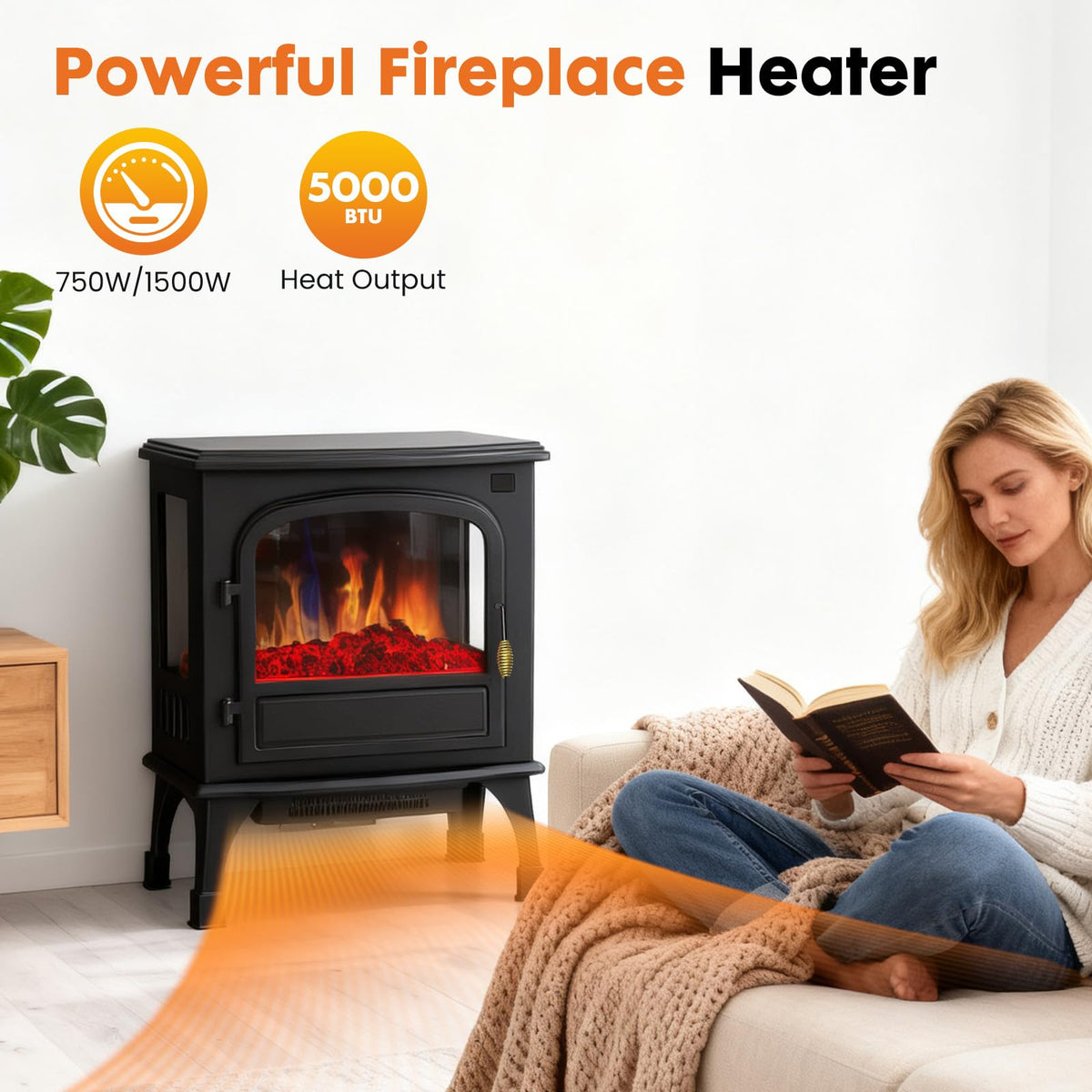 Freestanding Electric Fireplace Heater with 3D Flame Effect