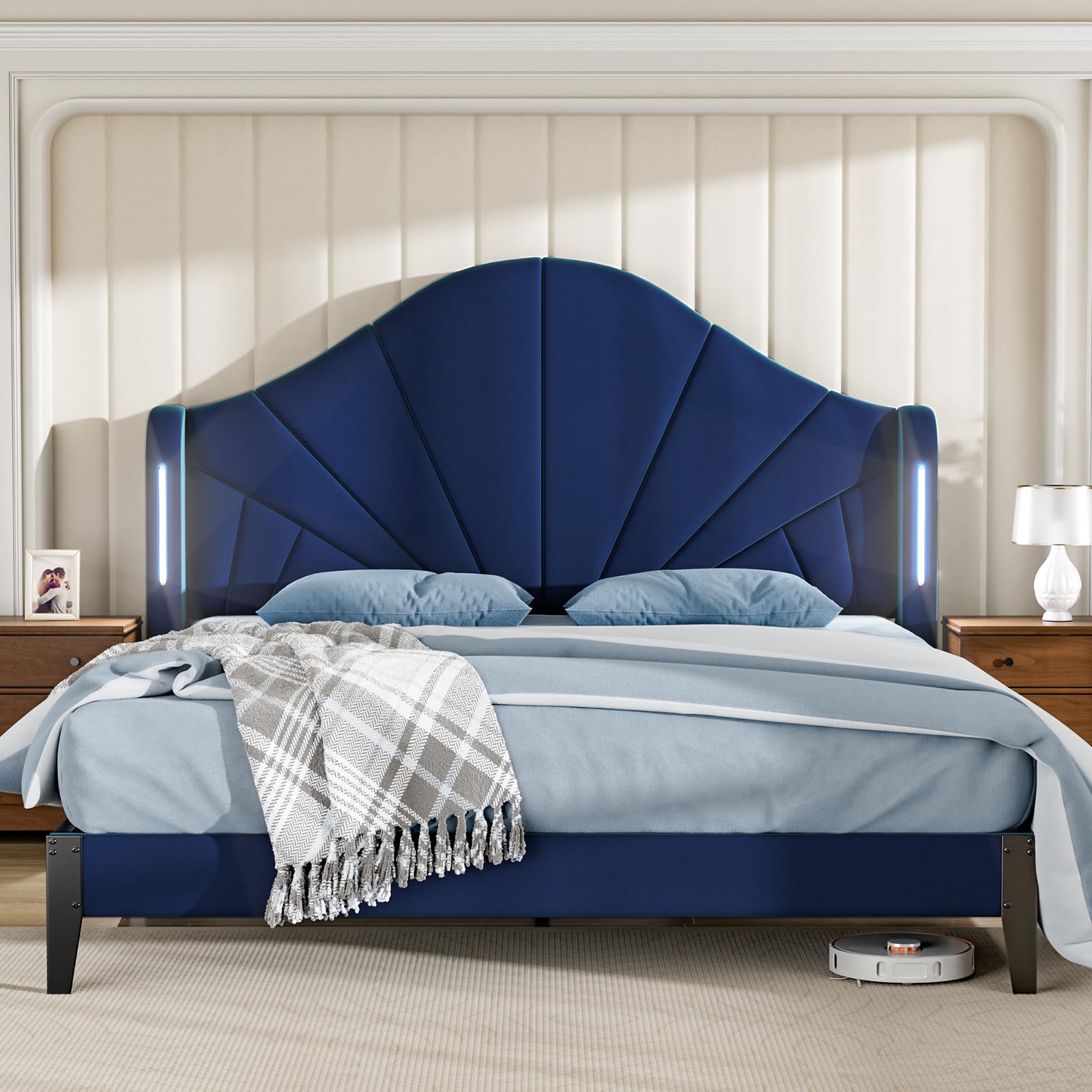 Size Bed Frame with Headboard Touch LED Lights, Wingback Upholstered