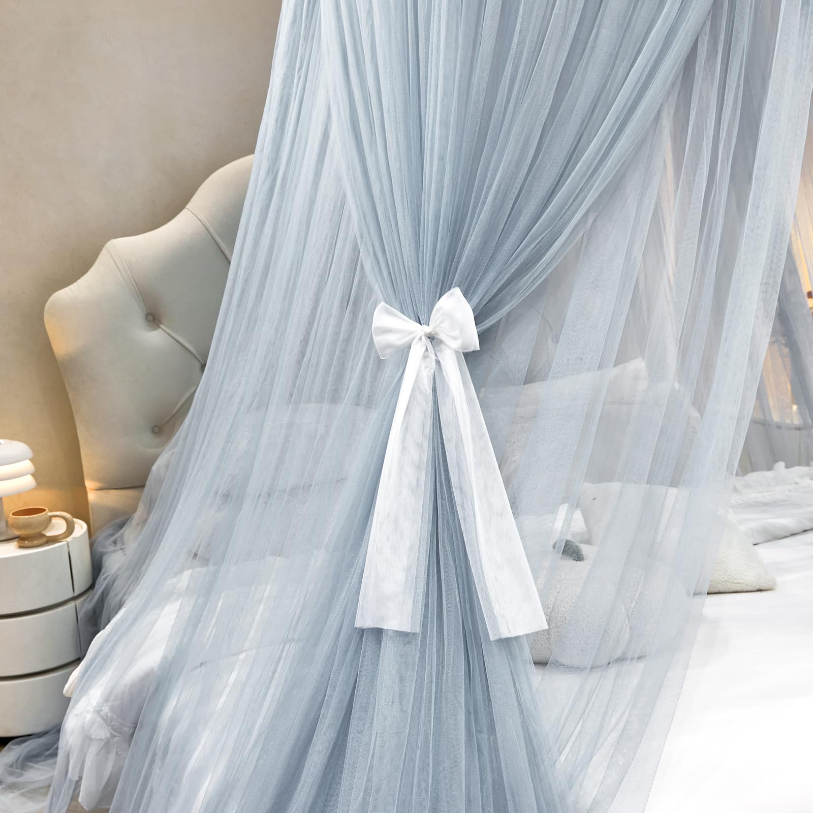 Princess Bed Canopy for Girls – Double Layer Sheer Mesh Dome with Romantic Lace Trim