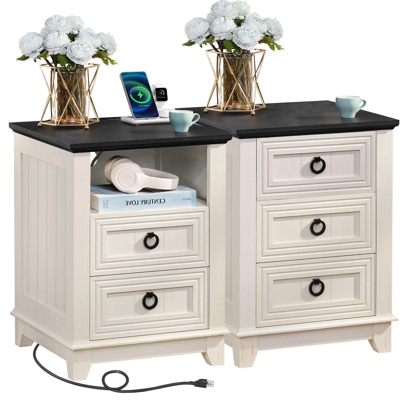 18" Farmhouse Night Stands Set of 2 with Charging Station