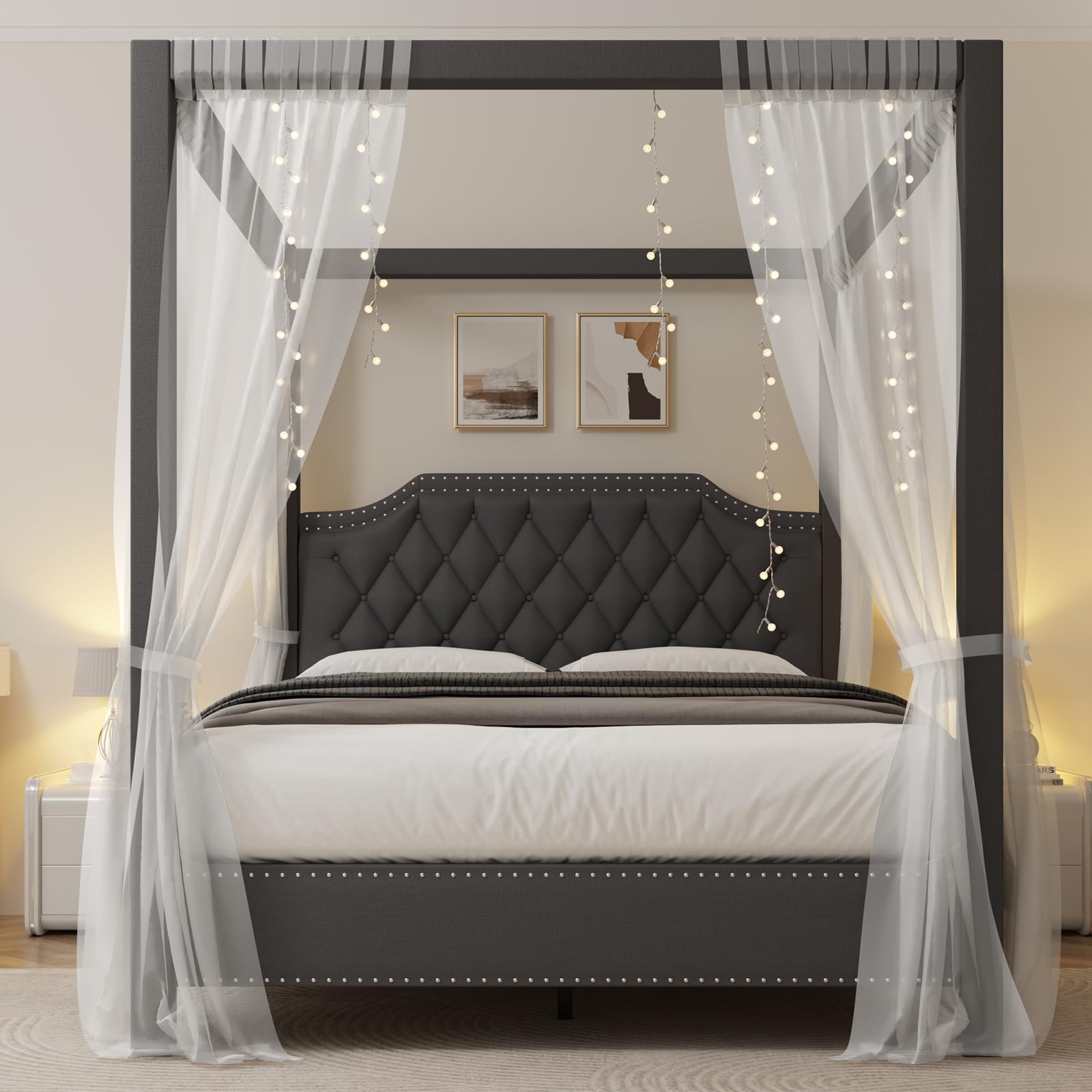 Upholstered Canopy Bed Frame Full Size with headboard, Button Tufted