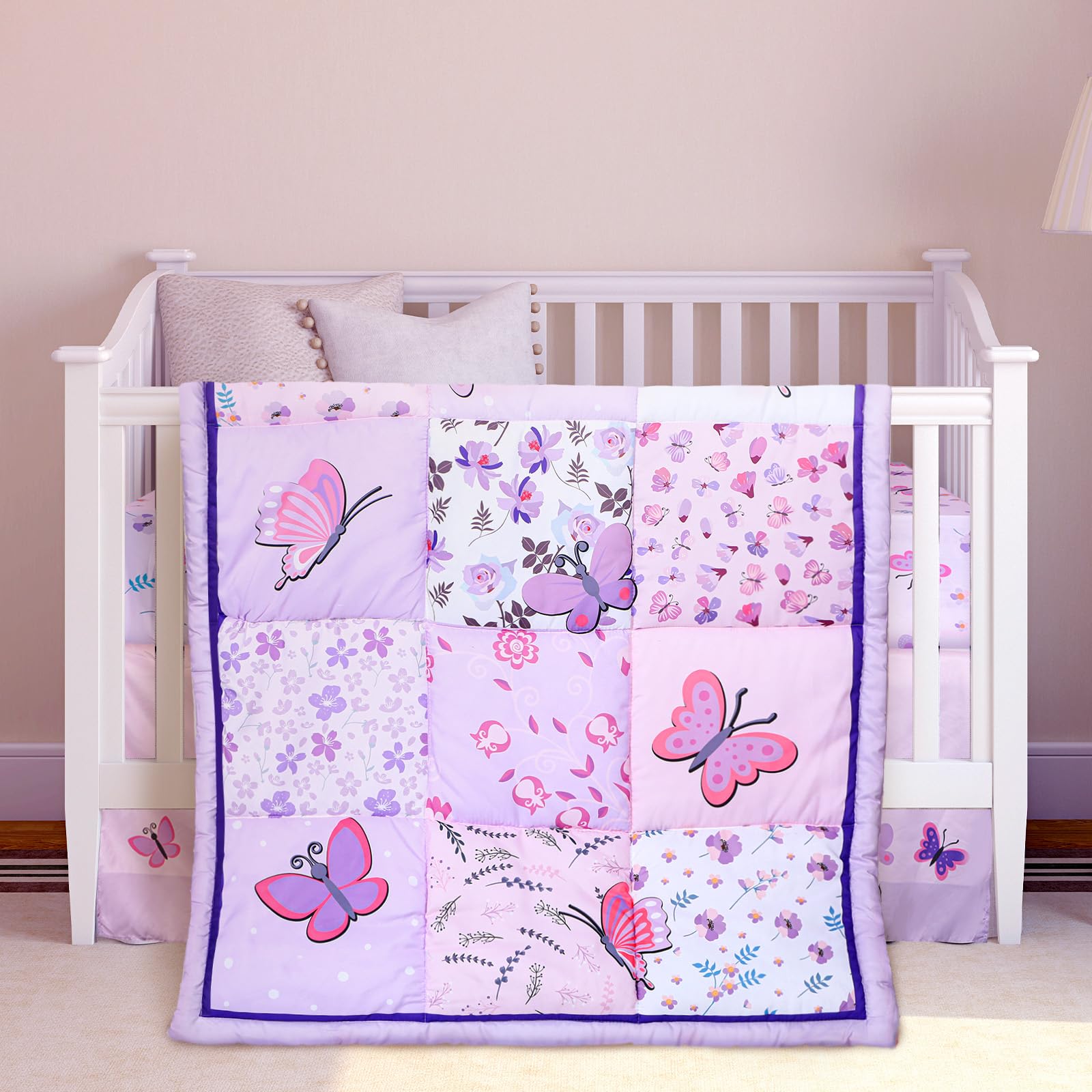 3 Pieces Butterfly Nursery Crib Bedding Set for Girls, Standard Size Bedding Sets
