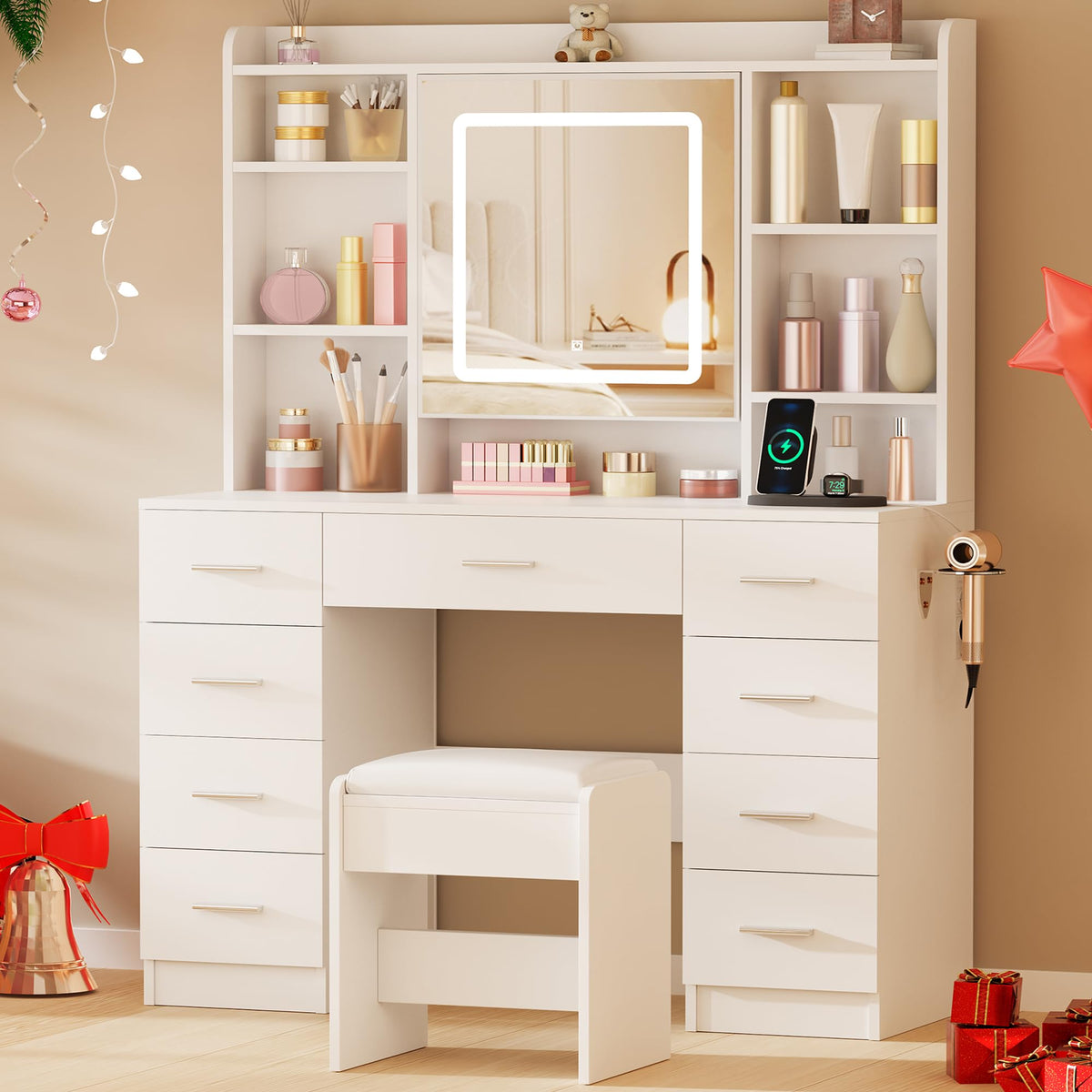 Vanity Desk with Lighted Mirror, Storage & Cushioned Stool