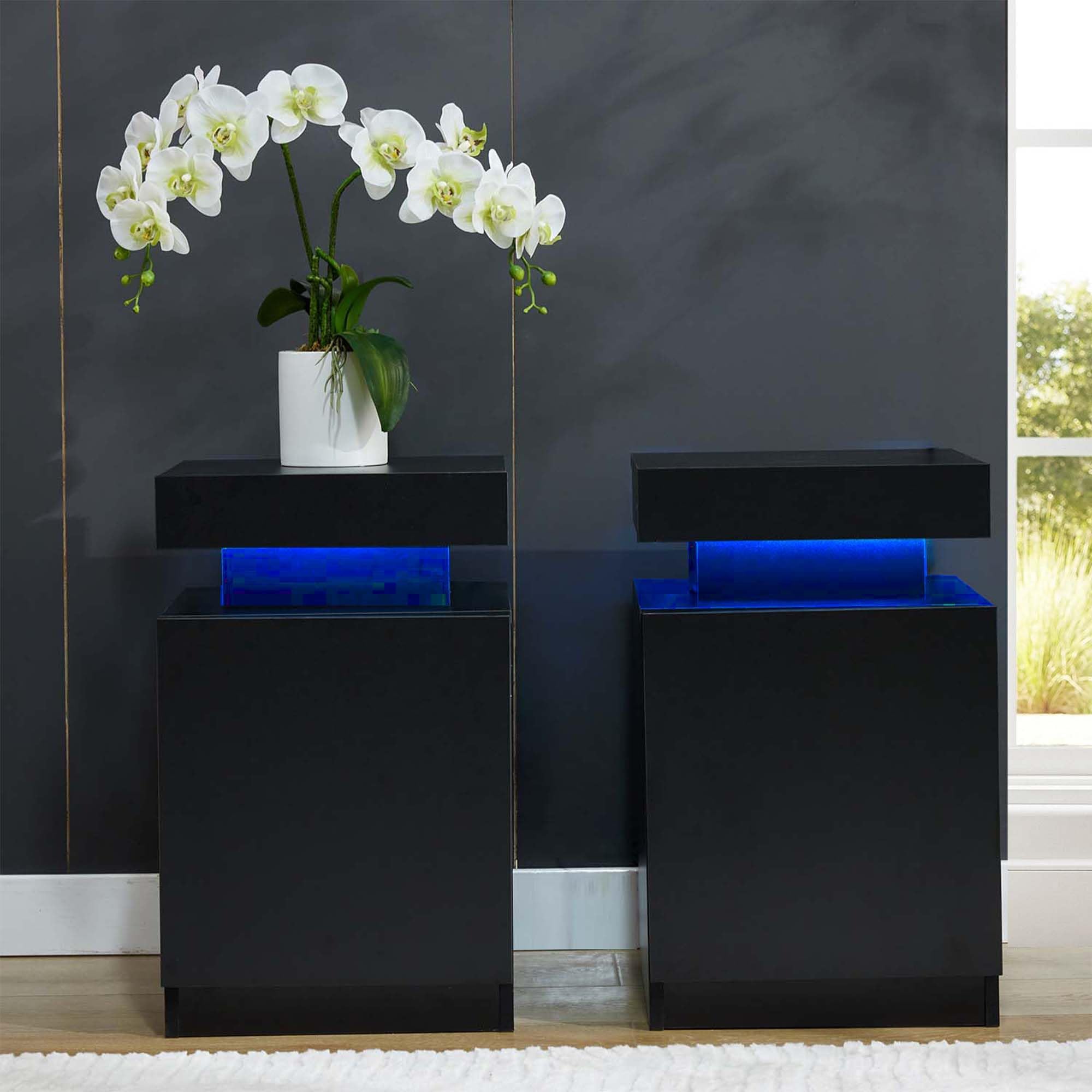 Black Nightstands Set of 2, Modern End Table with LED Lights