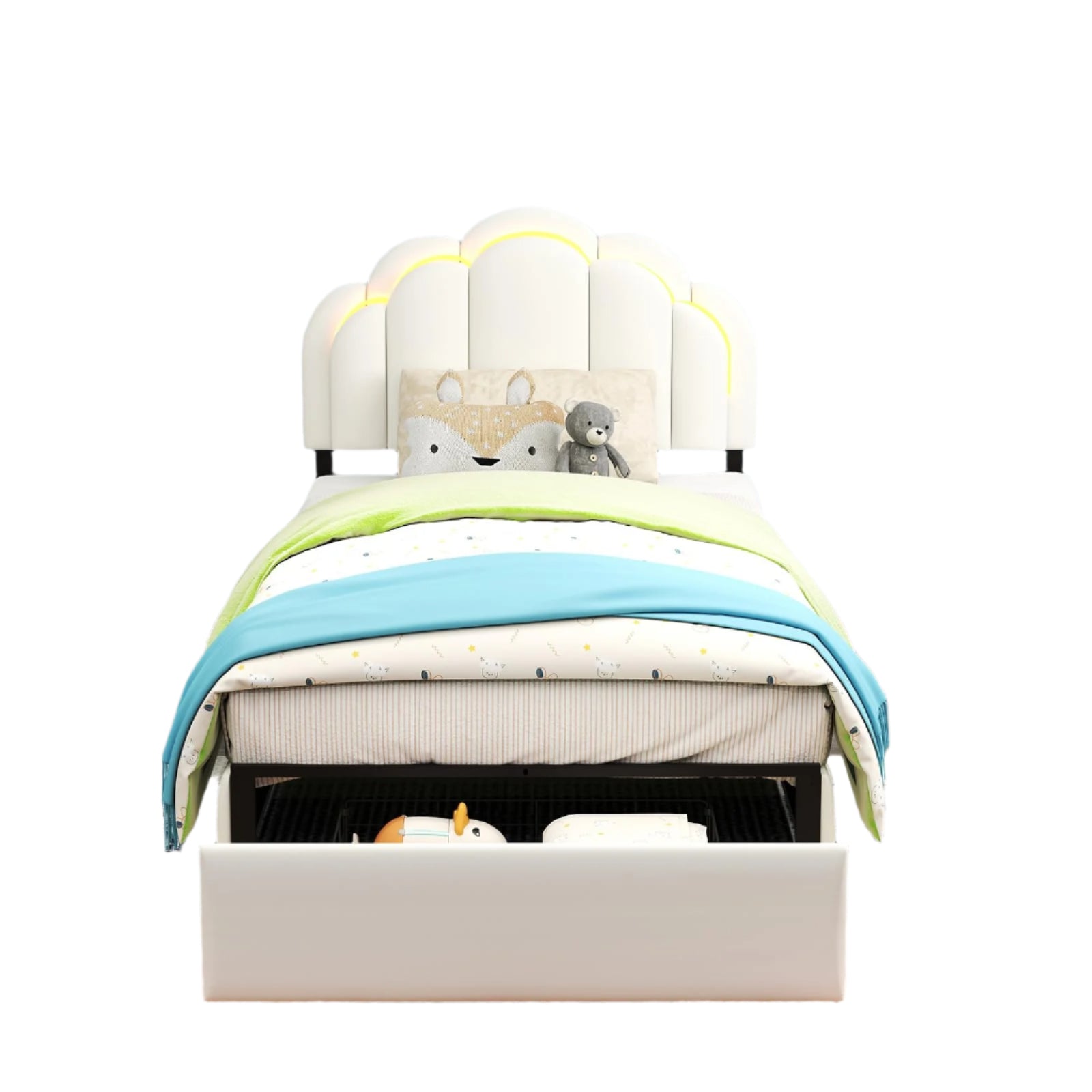 Twin Upholstered LED Bed Frame with Storage Drawer, Chic Double Wavy