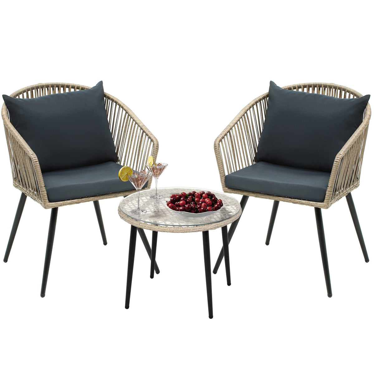 3-Piece Outdoor Wicker Bistro Set with Cushions & Glass Side Table
