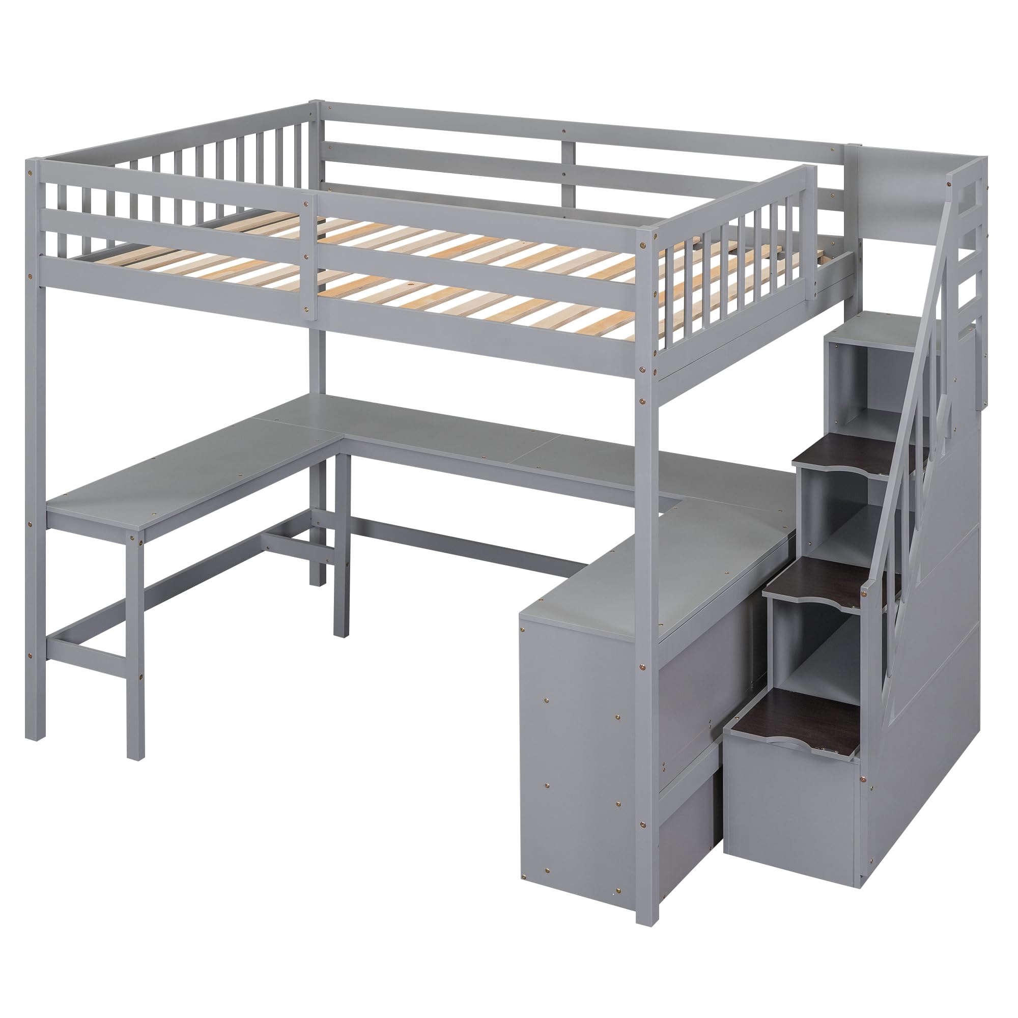 Loft Bed Full Size with Built-in L-Shaped Desk and Three-Tier Storage Shelves