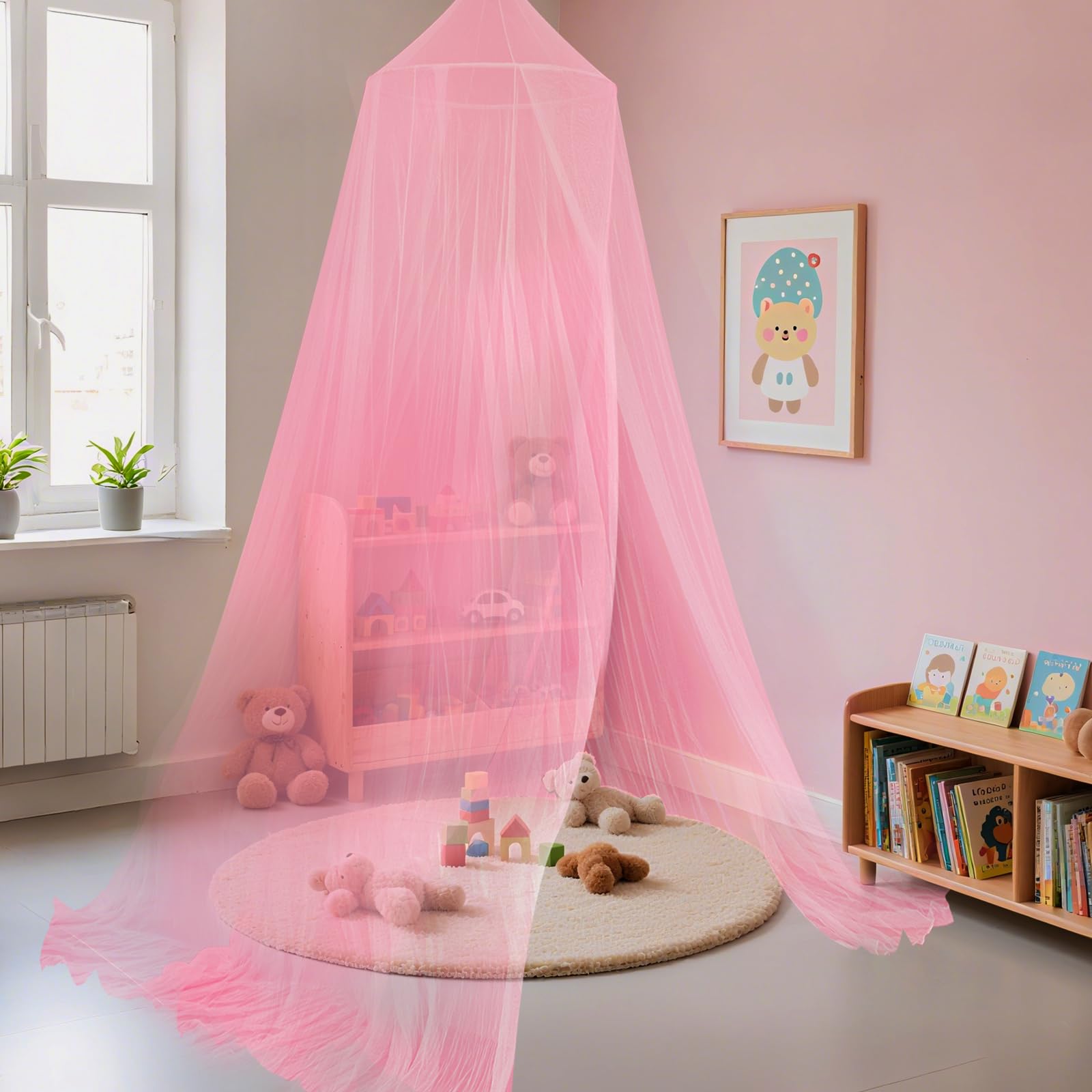 Pink Bed Canopy for Girls,Kids Princess Round Dome Bed Curtain