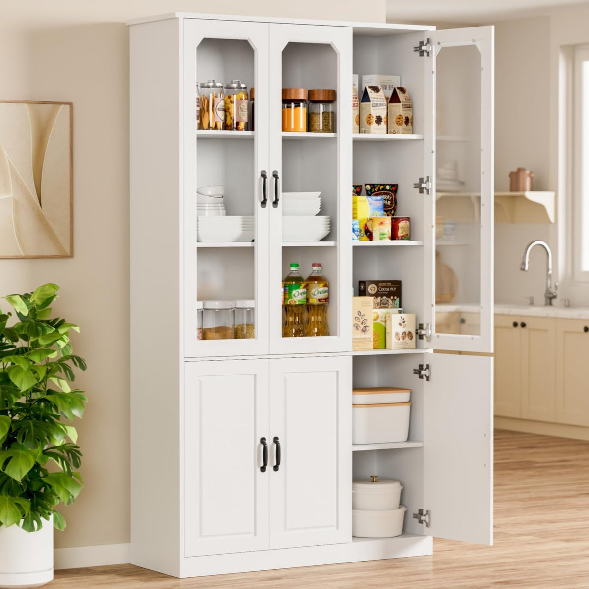 Tall Kitchen Pantry Cabinet with Glass Doors & Adjustable Shelves