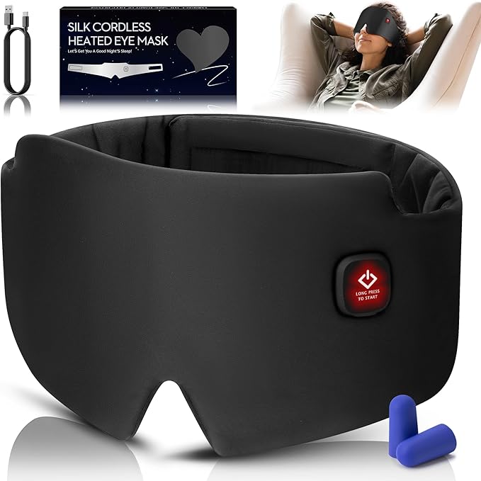 Silk Heated Eye Mask, 2000mAh Large Size Cordless Sleep Mask Warm Eye Compresses