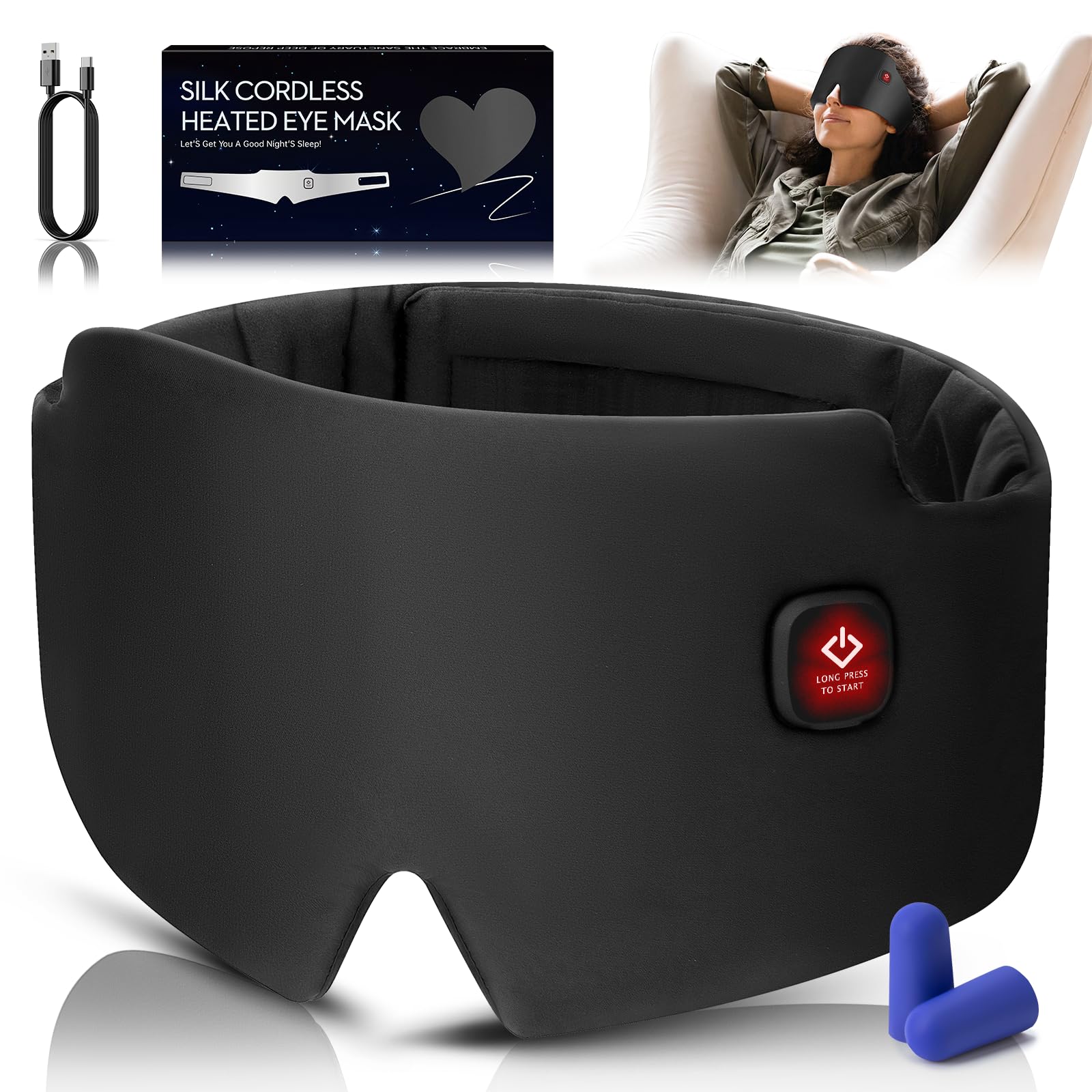 Silk Heated Eye Mask, 2000mAh Large Size Cordless Sleep Mask Warm Eye Compresses