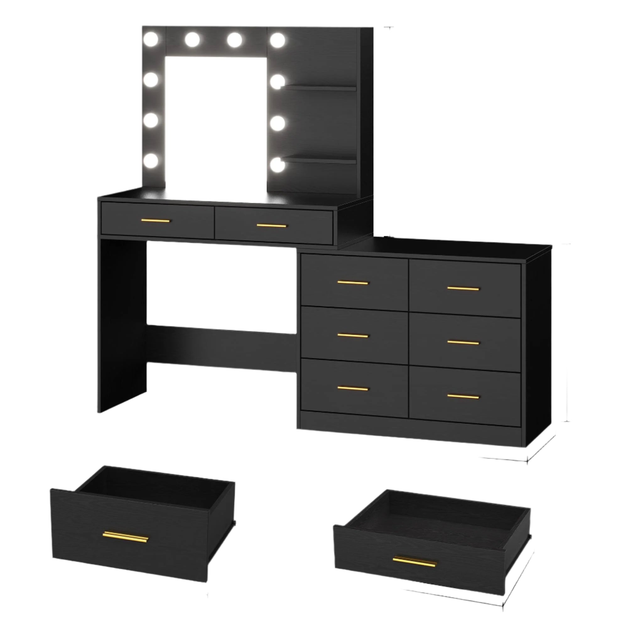 Vanity Desk with Mirror and Lights, Black Vanity with 8 Wide Storage Drawers