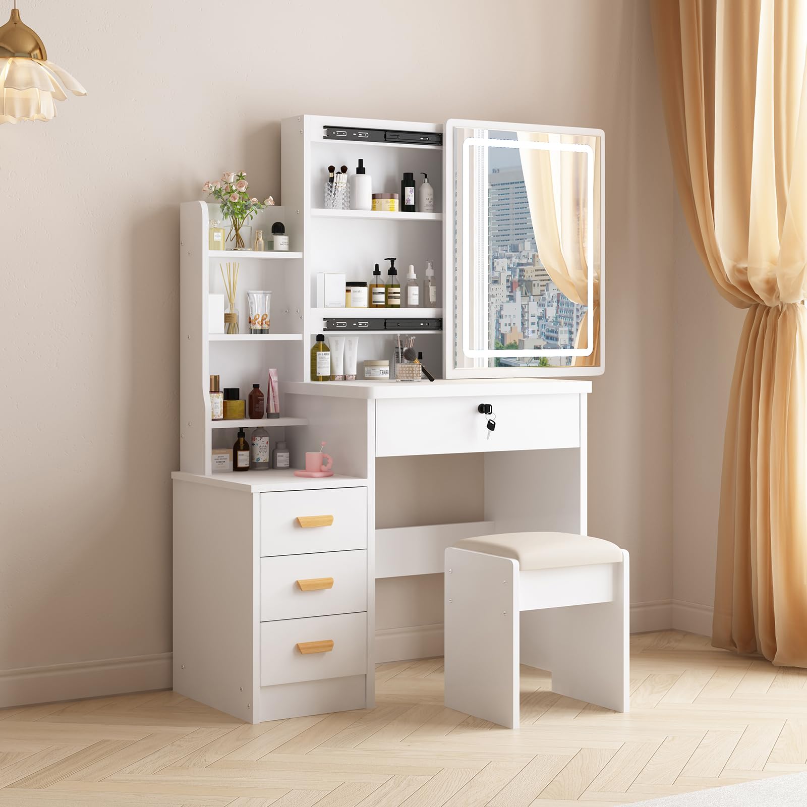 Vanity Desk with Mirror and Lights, 3 Lighting Modes, European Style
