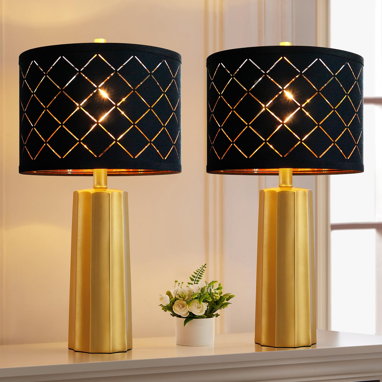 24" Set of 2 Modern Table Lamps for Living Room Bedroom, Gold Black Grid Nightstand