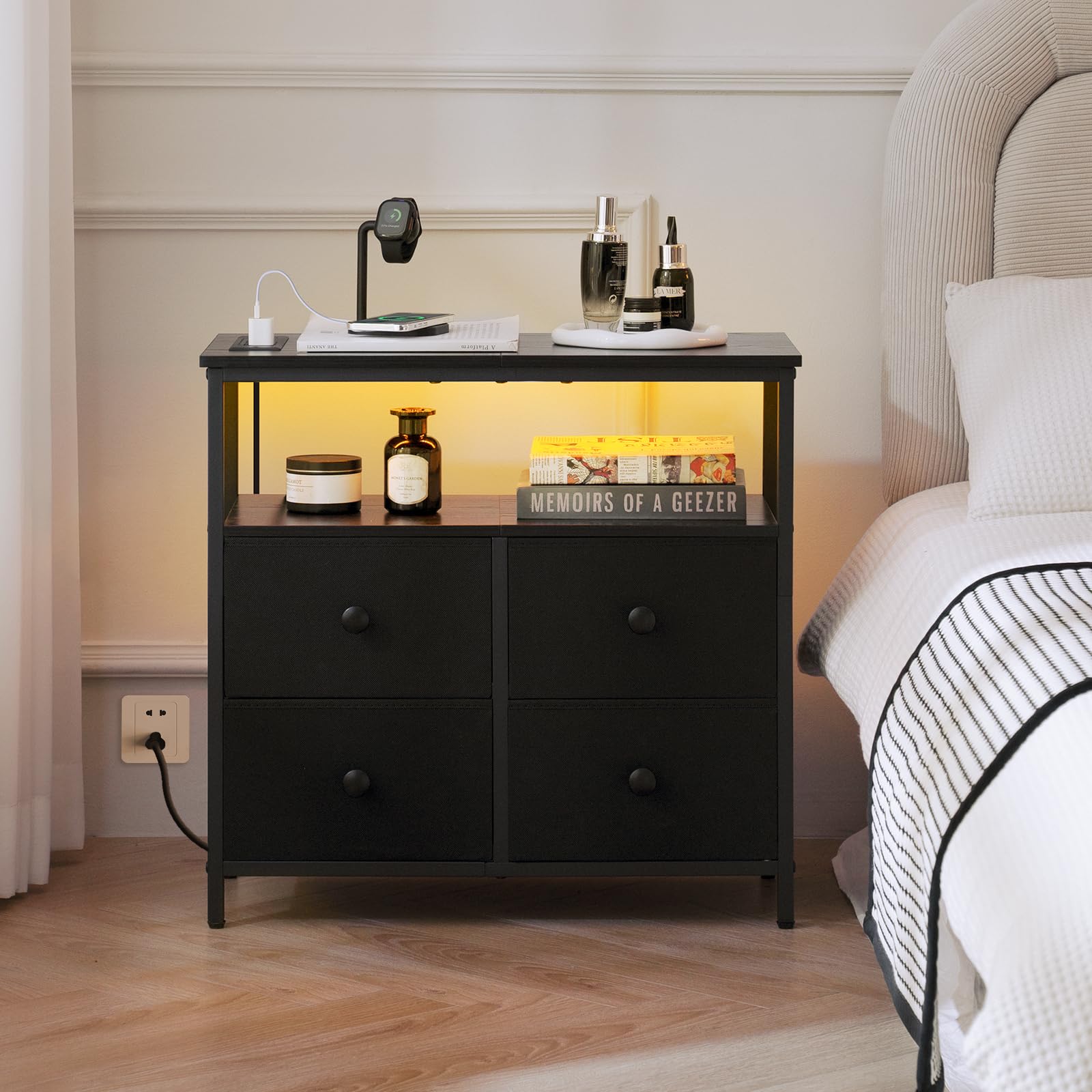 Night Stand with Charge Station, Nightstand with 4 Drawers Bedside Table