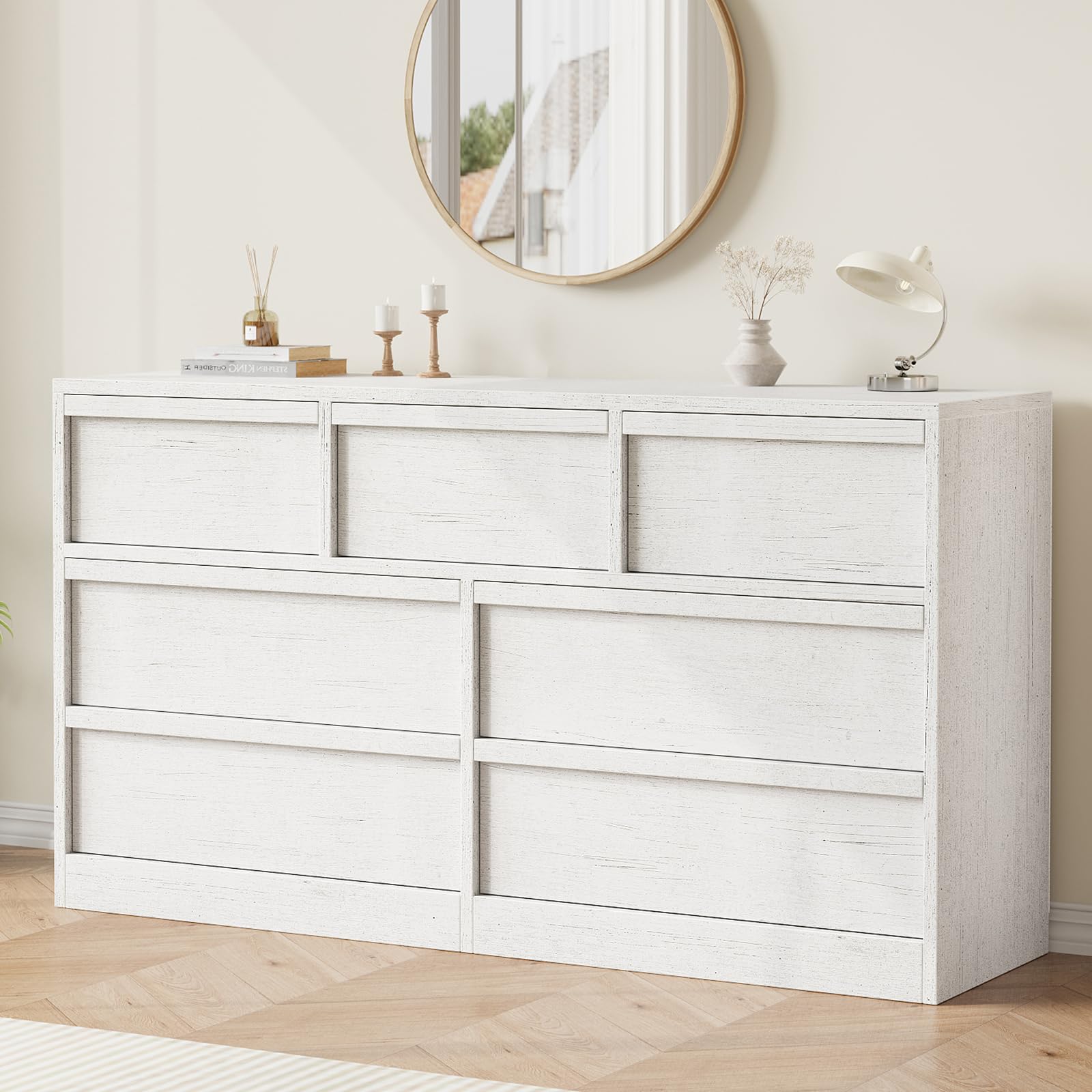 7 Drawer Dresser for Bedroom, Antique White 7 Chest of Drawers with Large Storage Space