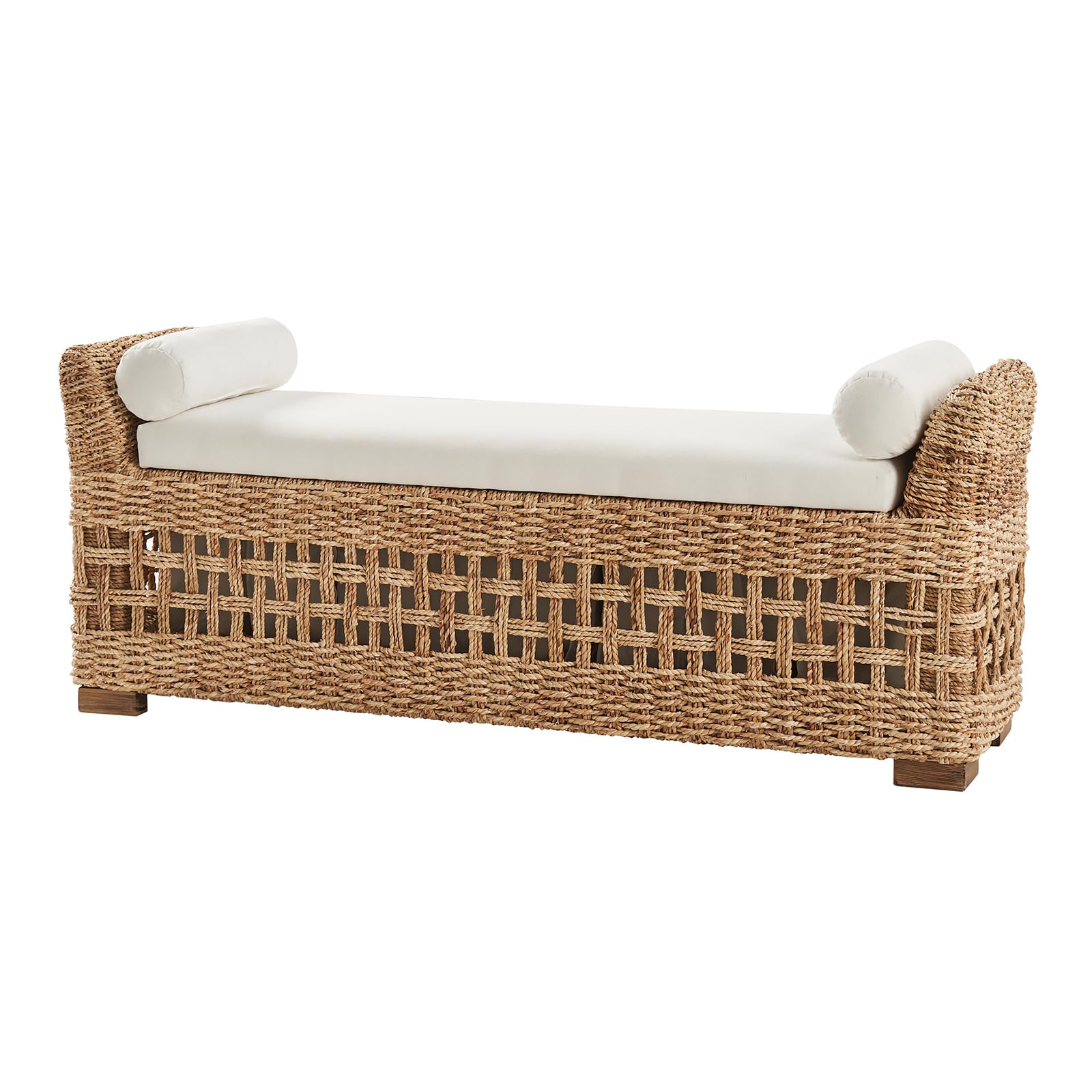 Rattan Storage Bench, Upholstered End of Bed Ottoman Bench with Upholstered Arm