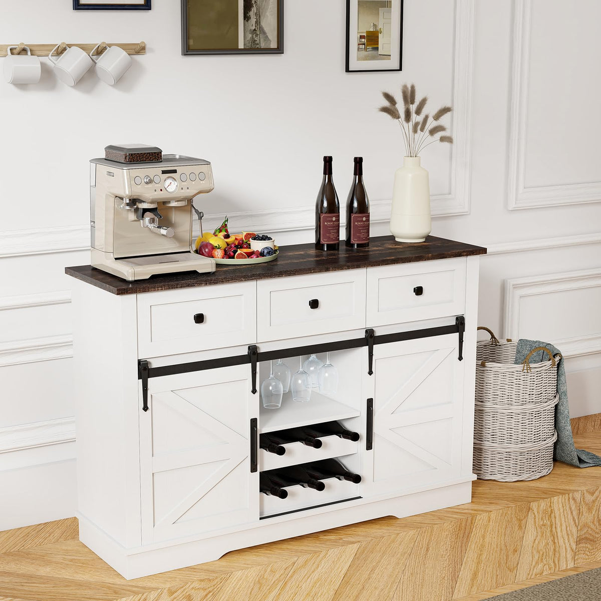 Farmhouse Wine Bar Cabinet with Sliding Barn Doors