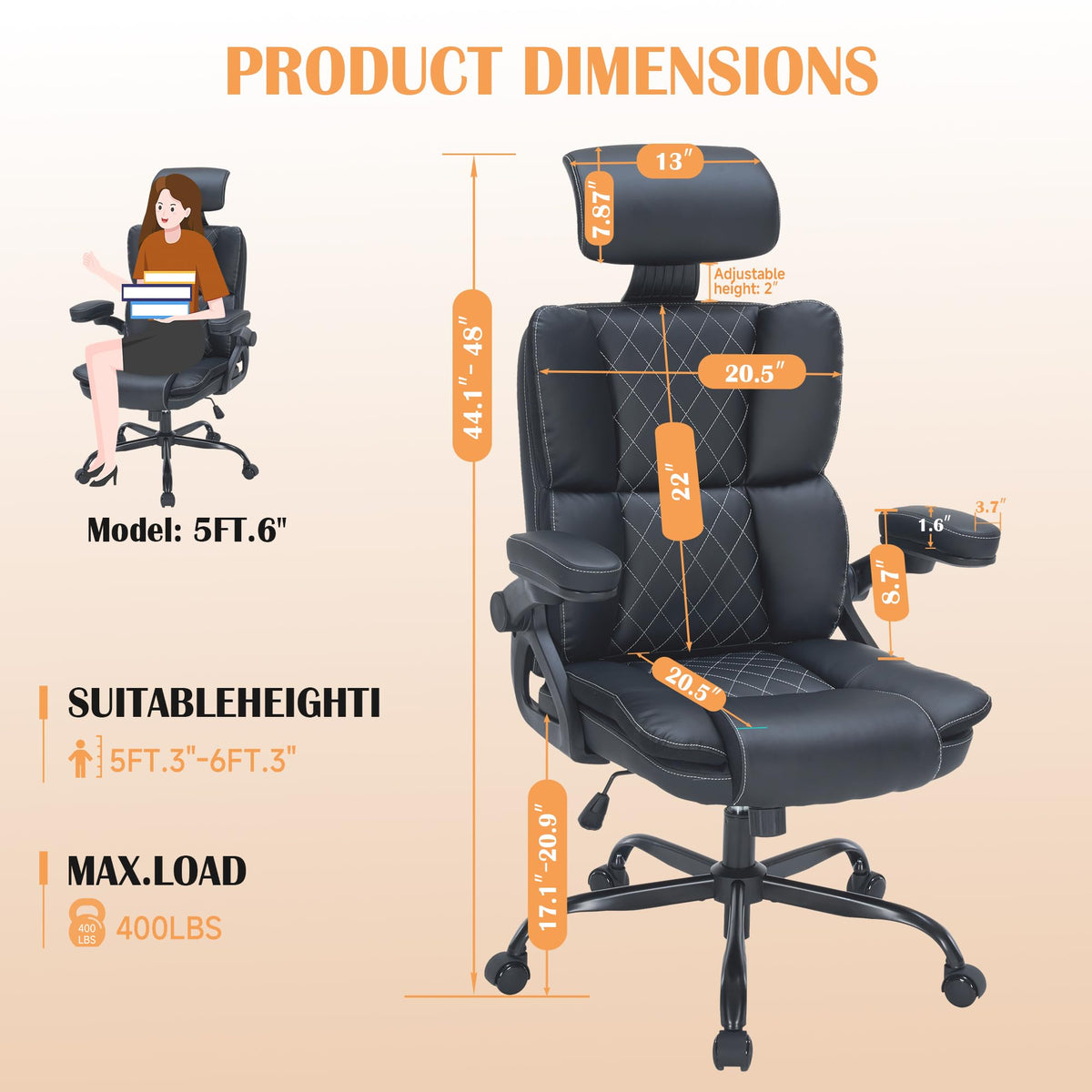 400 lbs High-Back Ergonomic Office Chair with Adjustable Headrest & 3D Armrests