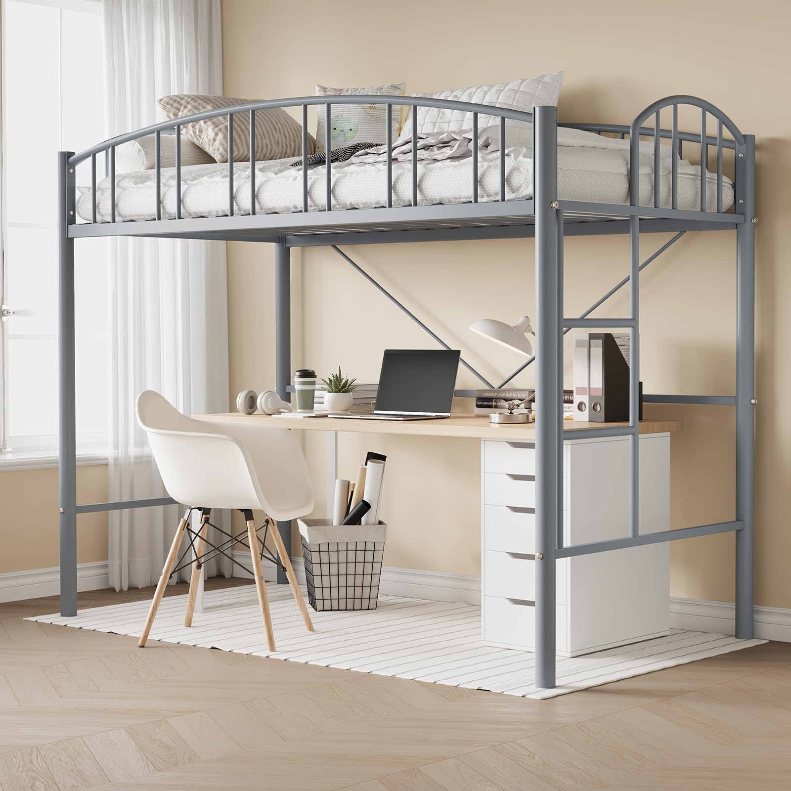 Garvee Loft Bed Twin Size with Ladde and Arched Guardrail, Heavy Duty Metal Loft Bed Frame for Kids and Adults, Sturdy Steel Slats Support, Small Space Saving Design, No Box Spring Needed, Gray