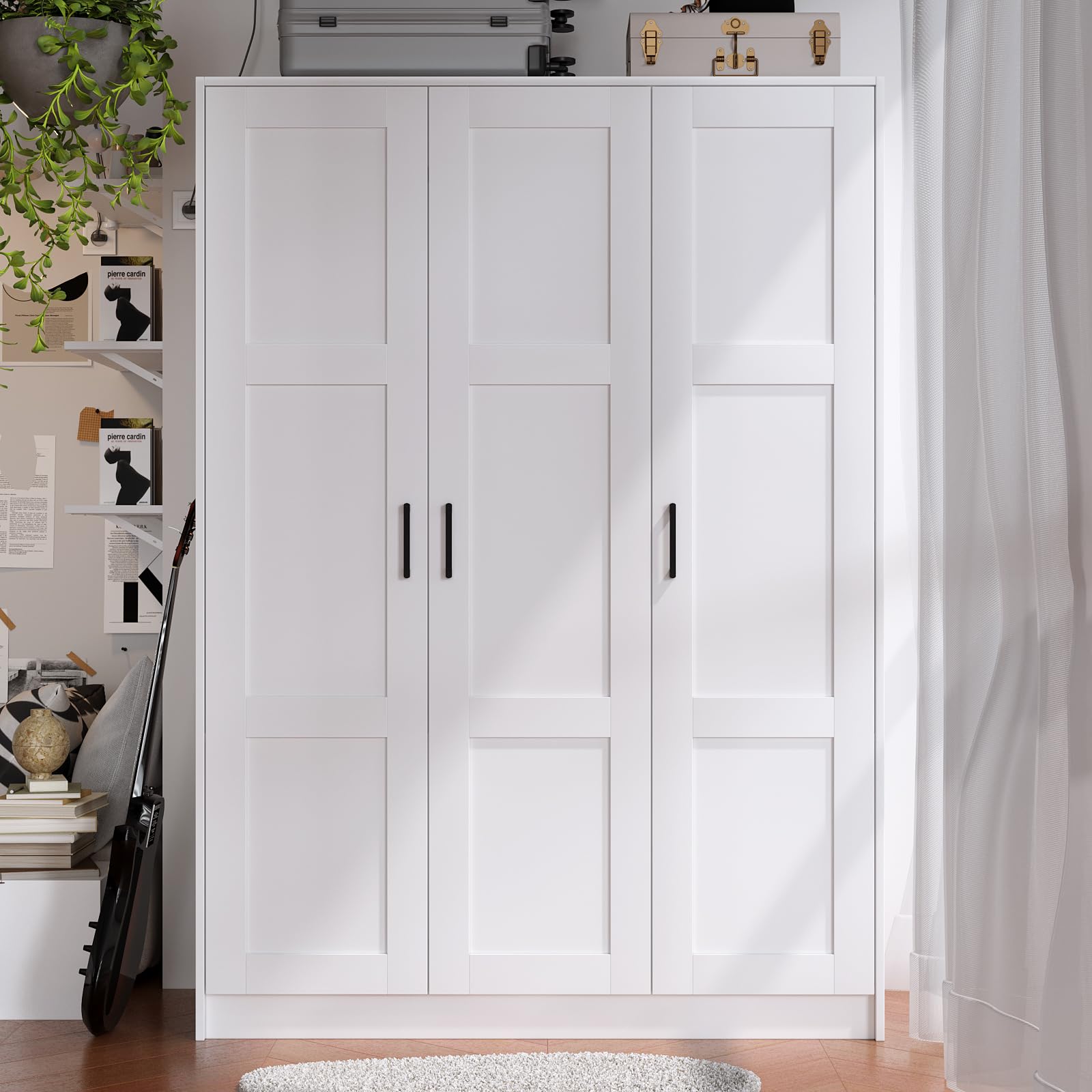 3 Doors Wooden Wardrobe Closet Armoire, White Storage Cabinet
