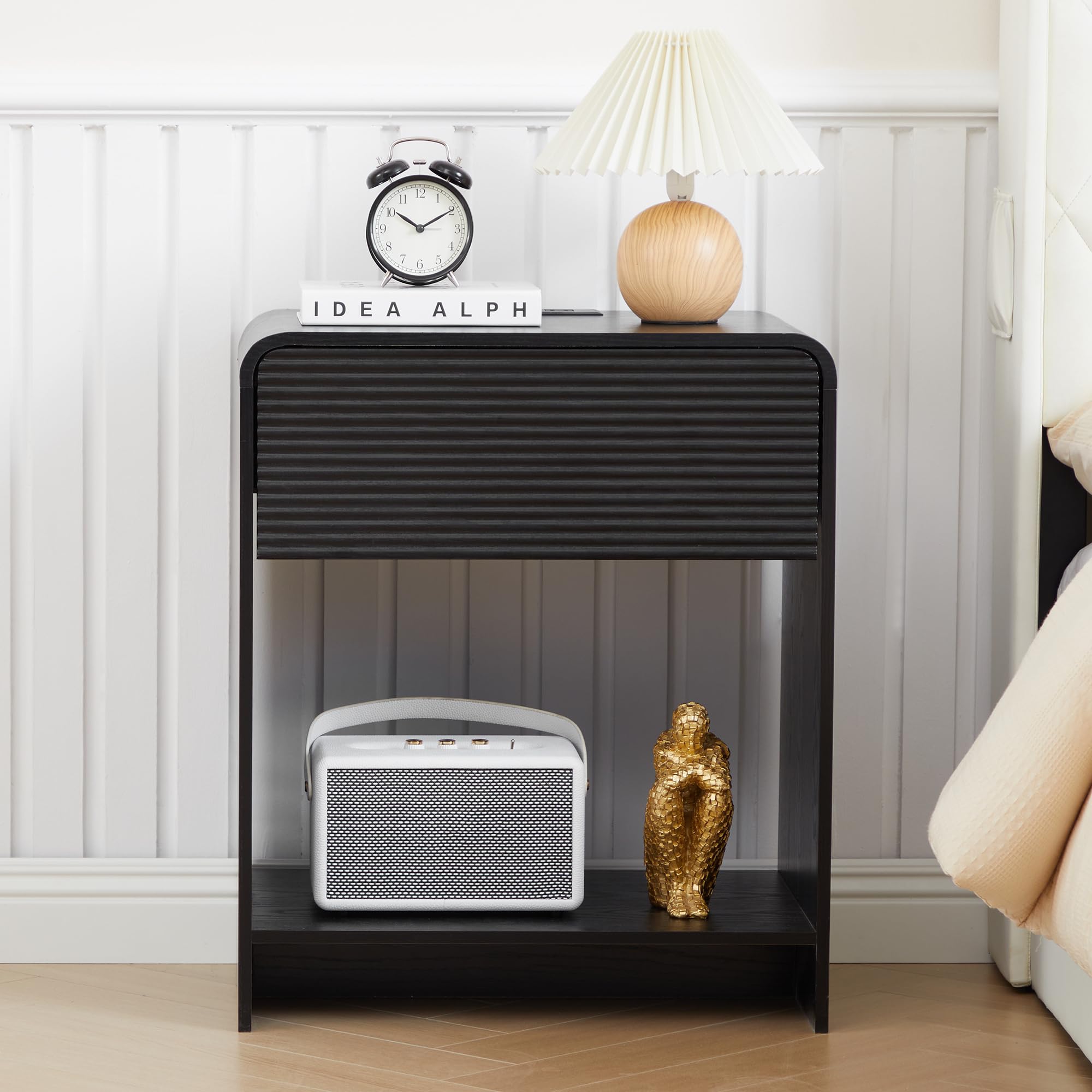 Nightstand with Charging Station, Mid Century Modern Bed Side Table
