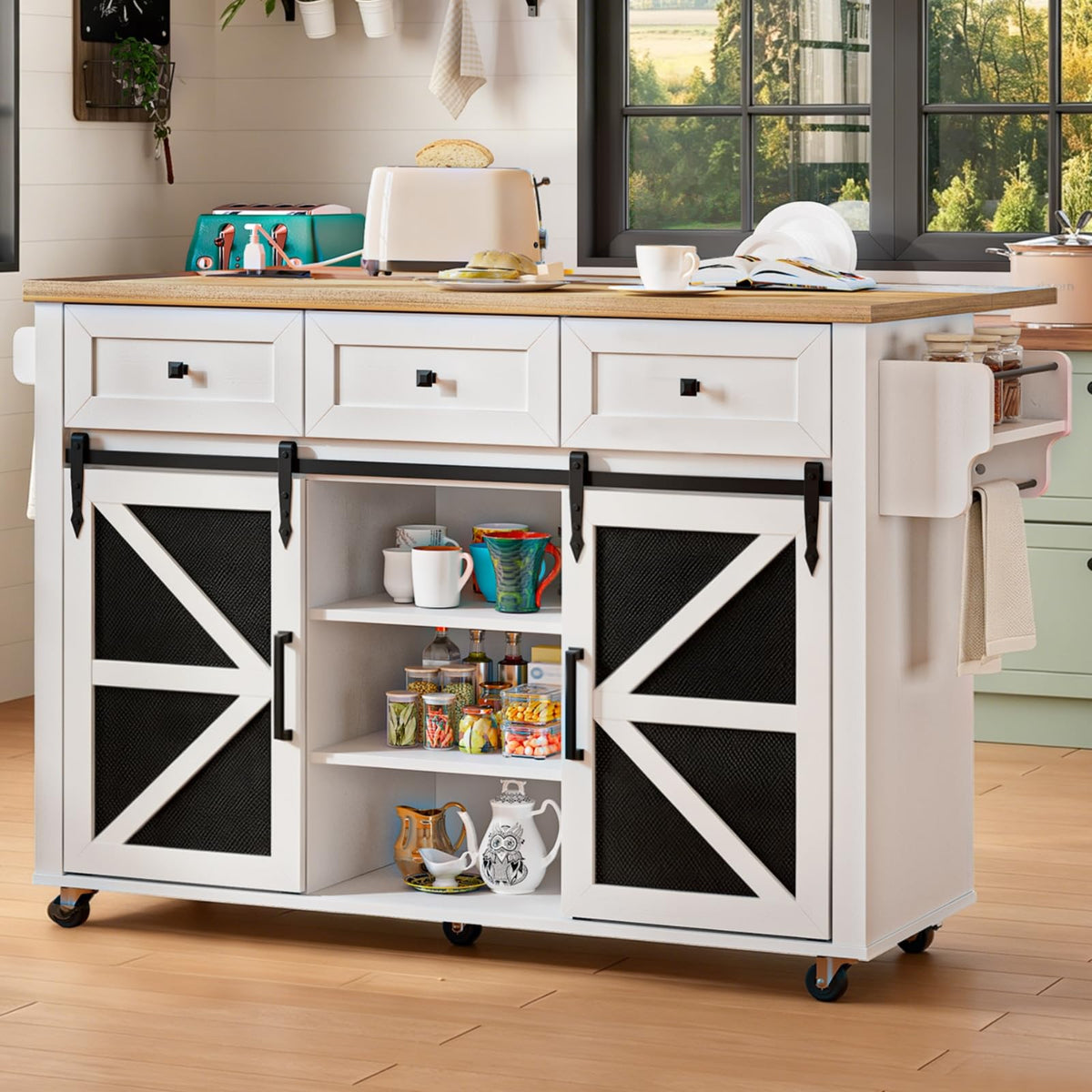 Rolling Kitchen Island with Storage & Charging Station