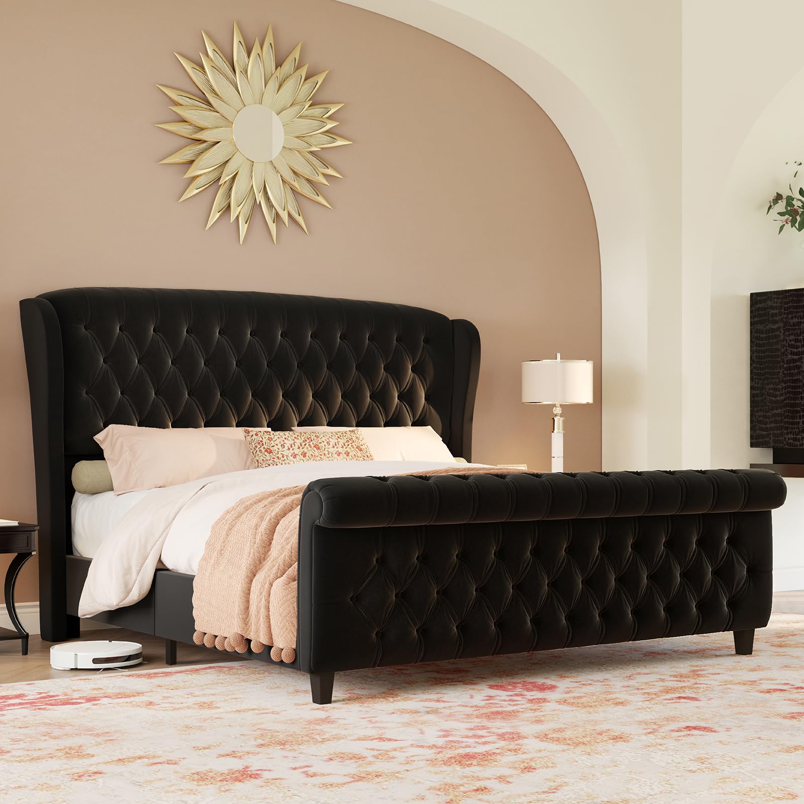 King Size Platform Bed Frame, Velvet Upholstered Sleigh Bed with Curved Headboard