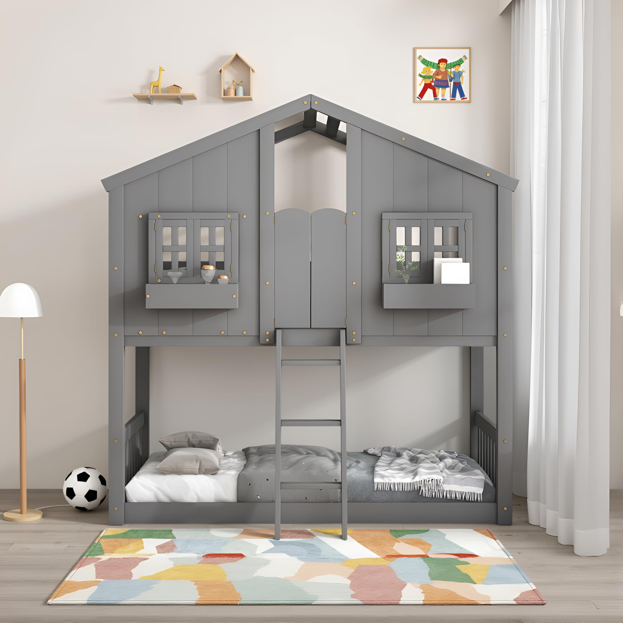 Twin Over Twin House Bunk Bed with Roof for Kids, Pine Wood Floor
