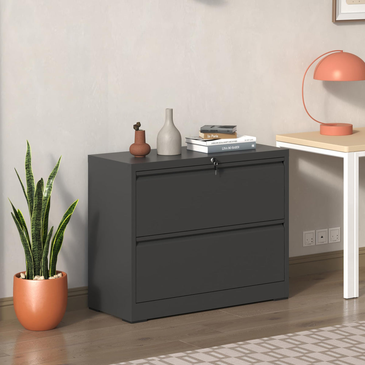 KEIKI 2 Drawer Lateral File Cabinet with Lock, Metal Filing Cabinet, Black