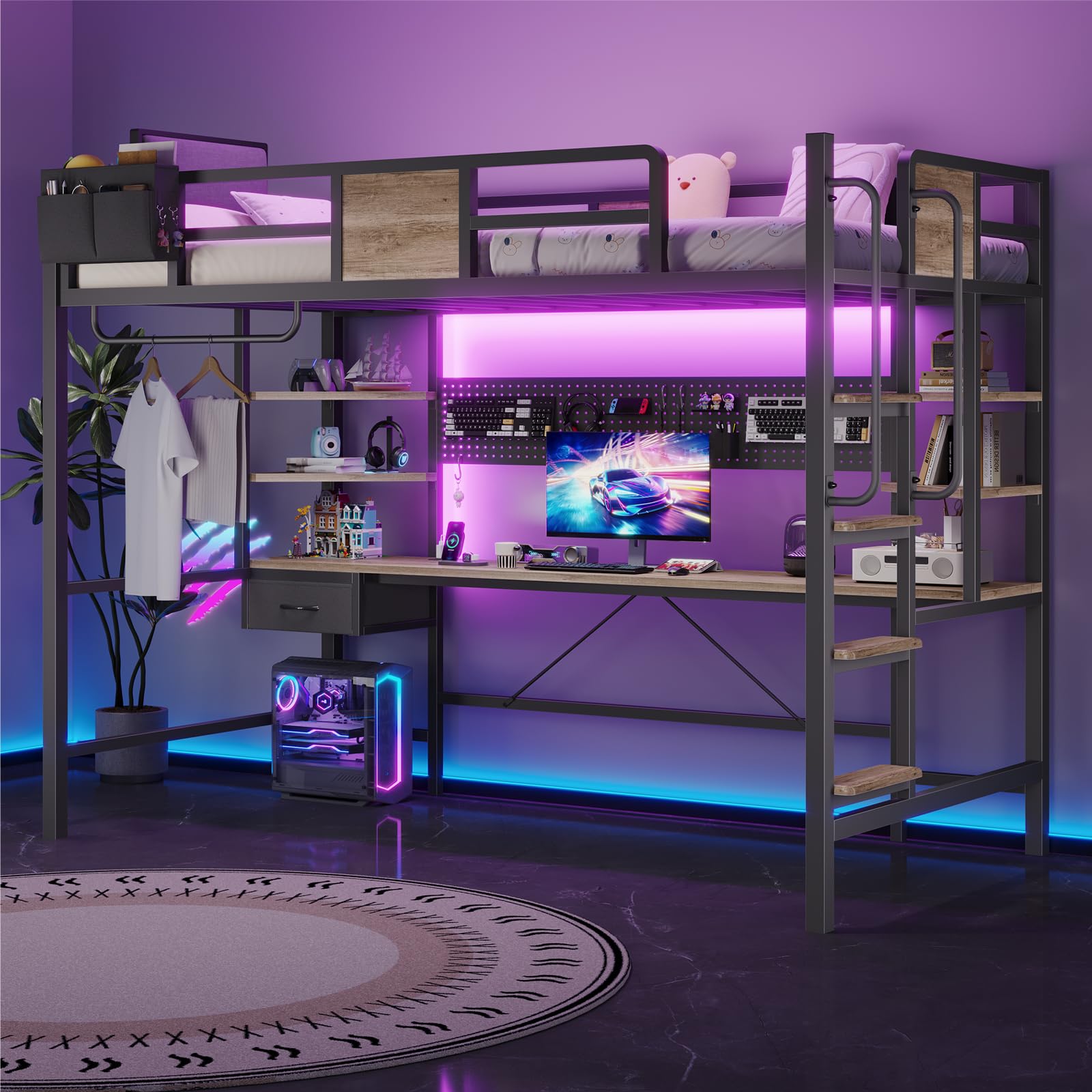 Loft Bed with Desk Twin Size Twin Loft Bed with LED Lights