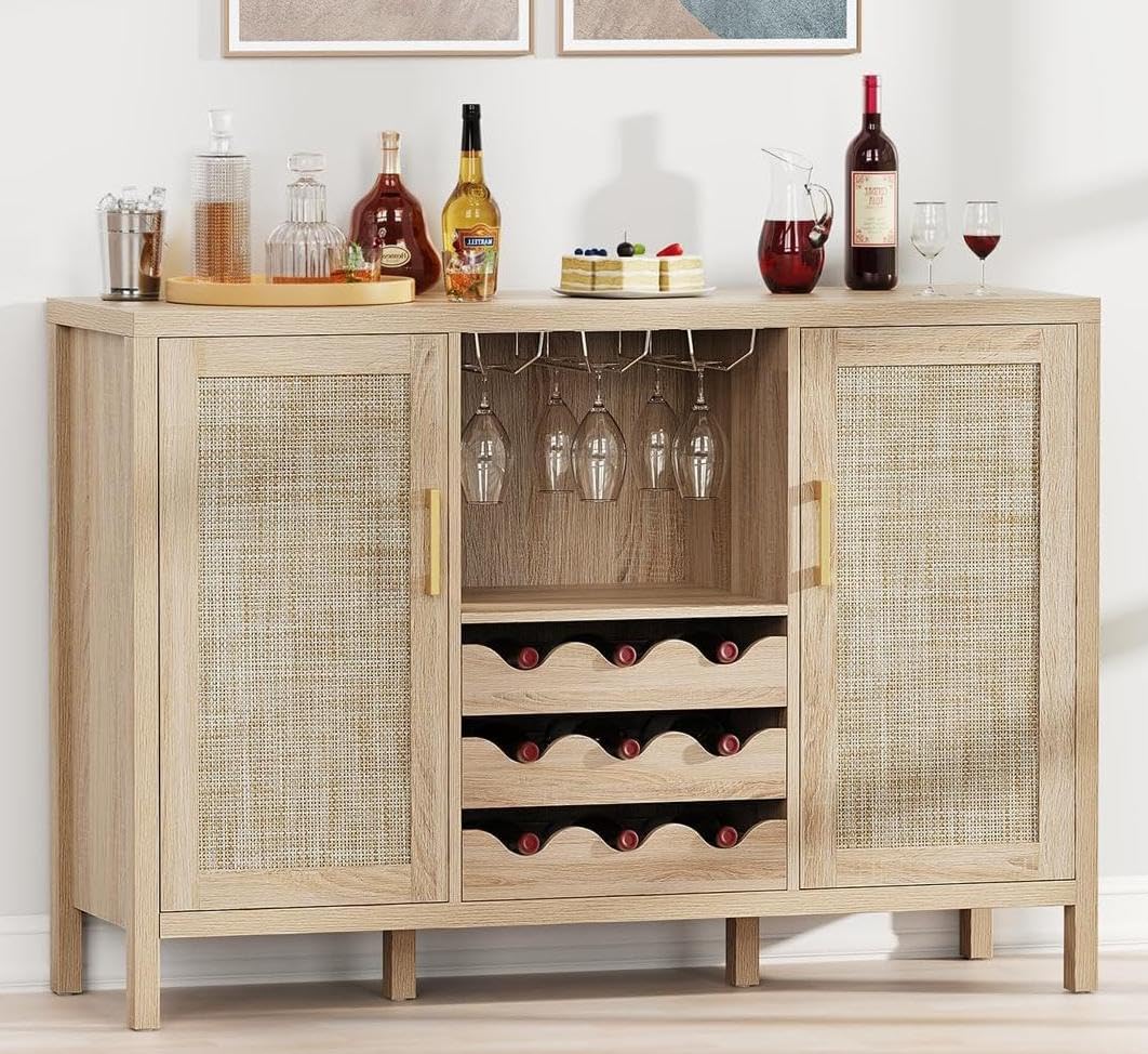 OTUTUMUS Rattan Wine Bar Cabinet, Boho Rattan Home Bar with Glass Holder and Drawer Style Racks, Oak Sideboard Buffet Storage Cabinet for Living Dining Room Kitchen