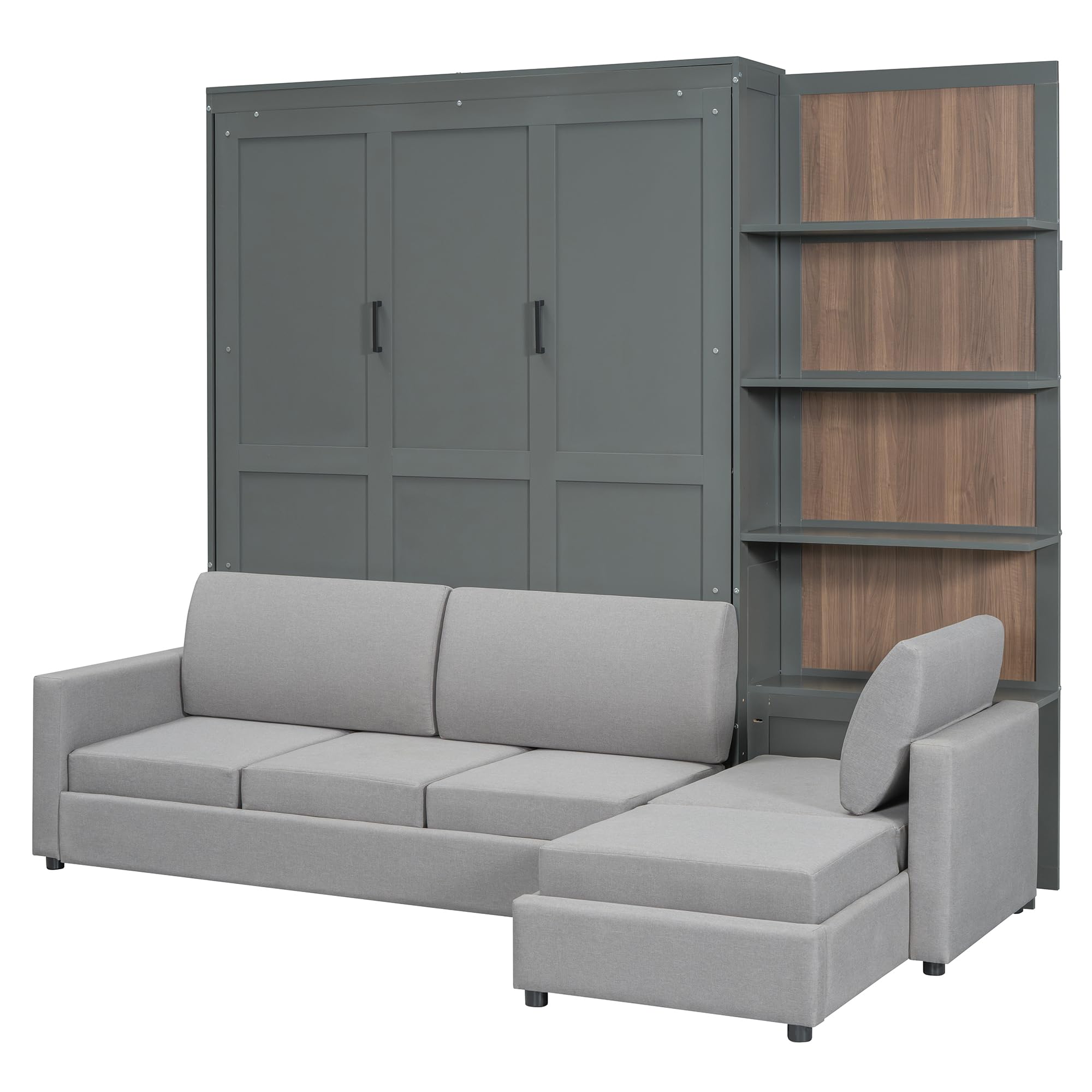 Designs Queen Size Murphy Bed, Wood Queen Wall Bed with Sofa and Shelves, Gray
