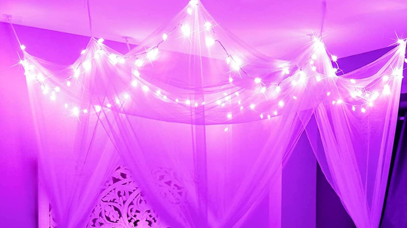 White Bed Canopy with Star Lights Girls Bedroom, 8 Corners Post Hanging Princess
