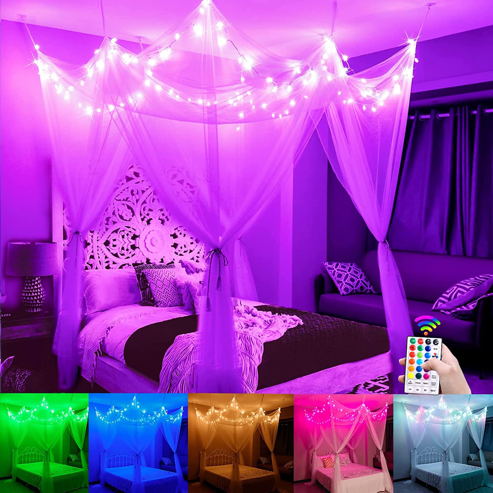 White Bed Canopy with Star Lights Girls Bedroom, 8 Corners Post Hanging Princess
