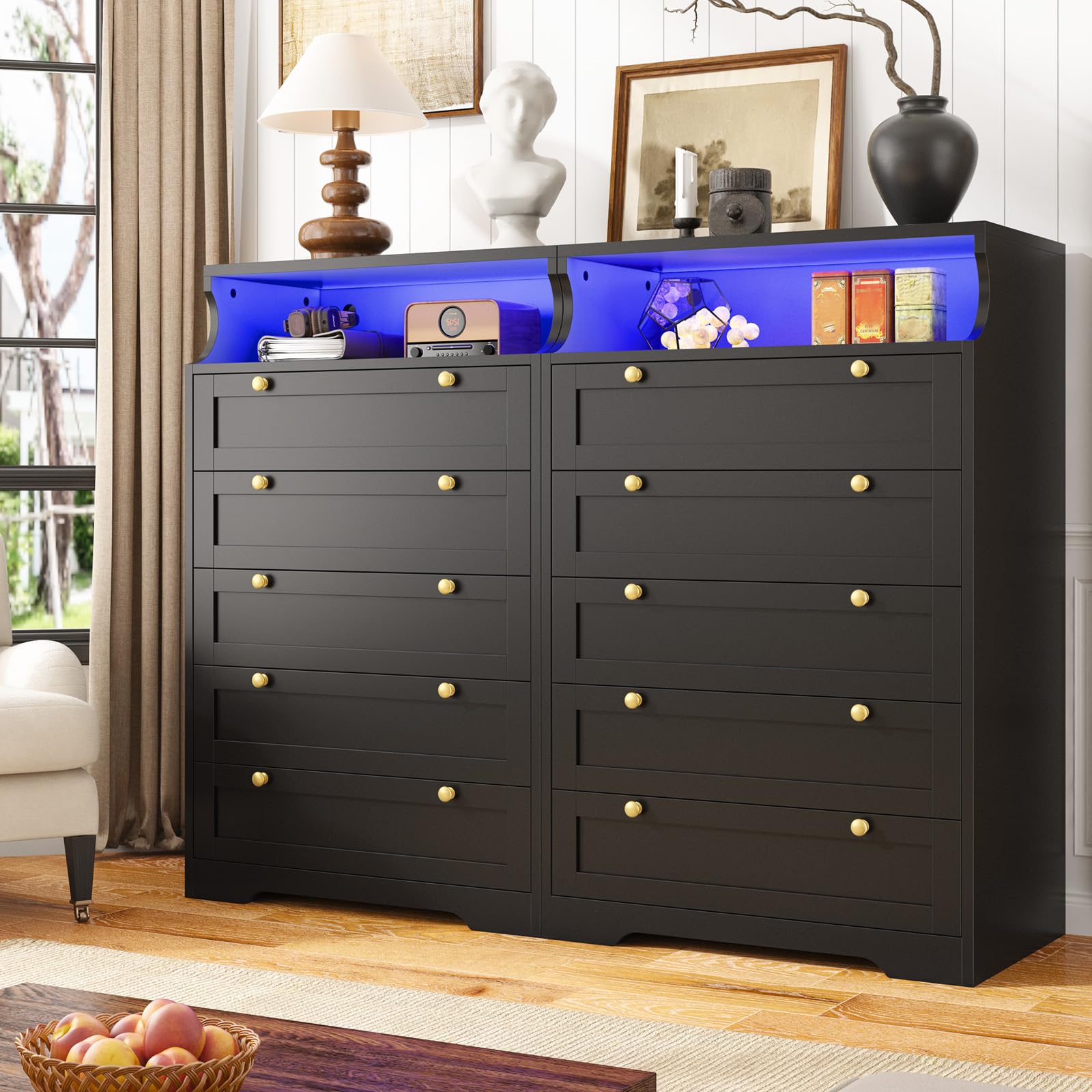 Black Dresser with 5 Drawers for Bedroom,Tall Dresser with LED Lights and 2 Shelves
