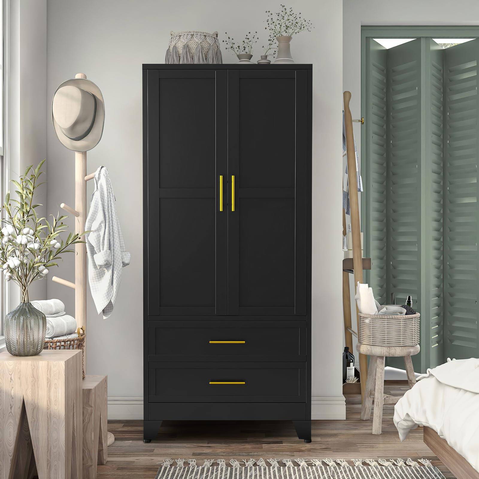71" Metal Armoire Wardrobe Closet with 2 Drawers