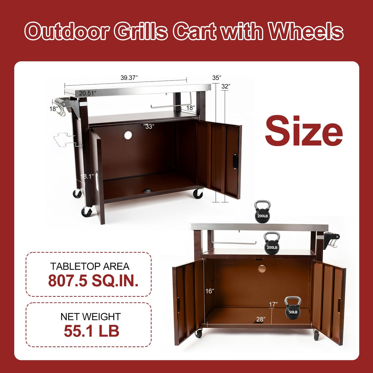 Outdoor Grill Cart with Stainless Steel Top & Cabinet
