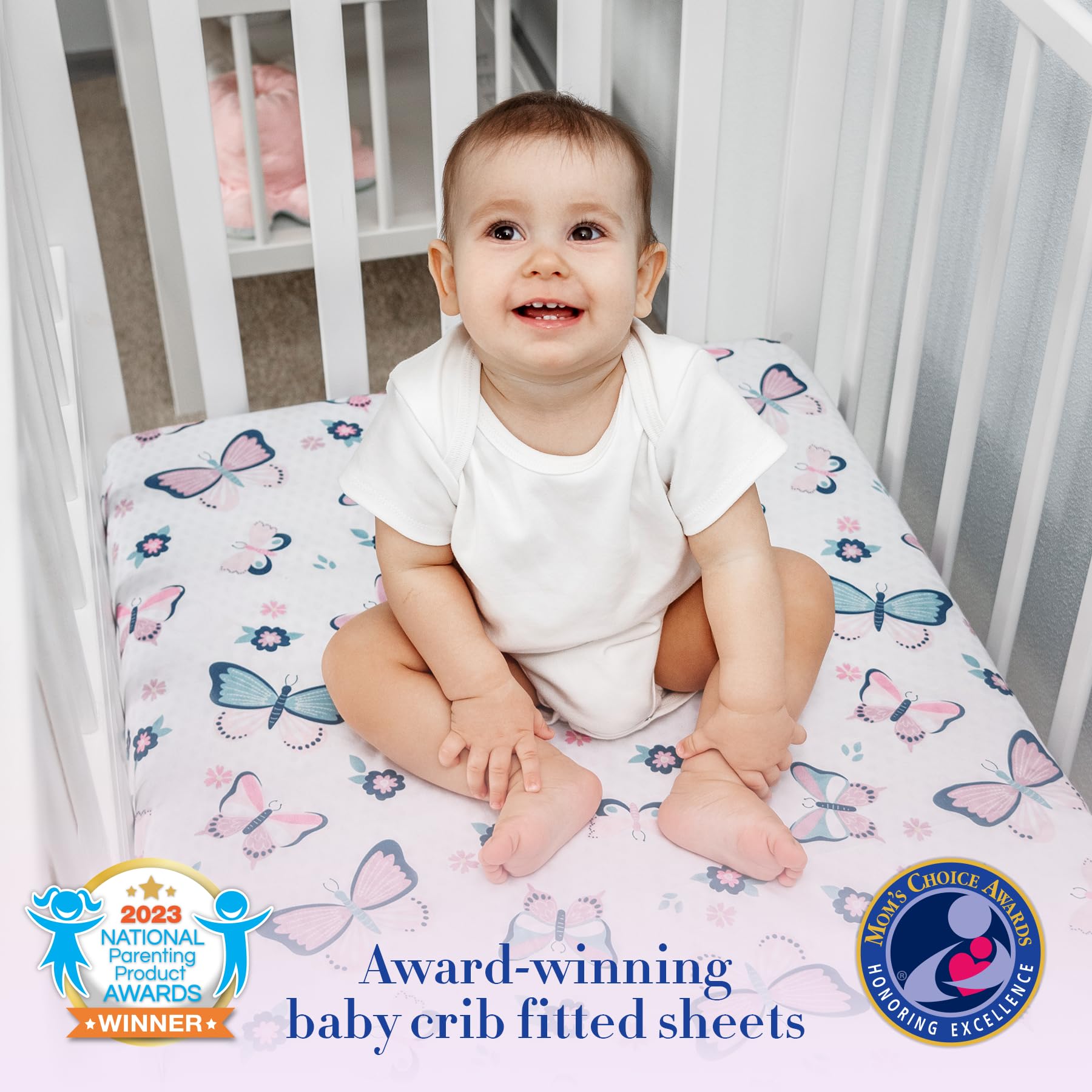 MY LITTLE ZONE Butterfly Crib Bedding Set for Girls - 5 Pieces Including Baby Girl Blanket, 2 Crib Sheets, Crib Skirt, and Purple Butterfly Wall Sticker - White & Pink - Butterfly Nursery Decor