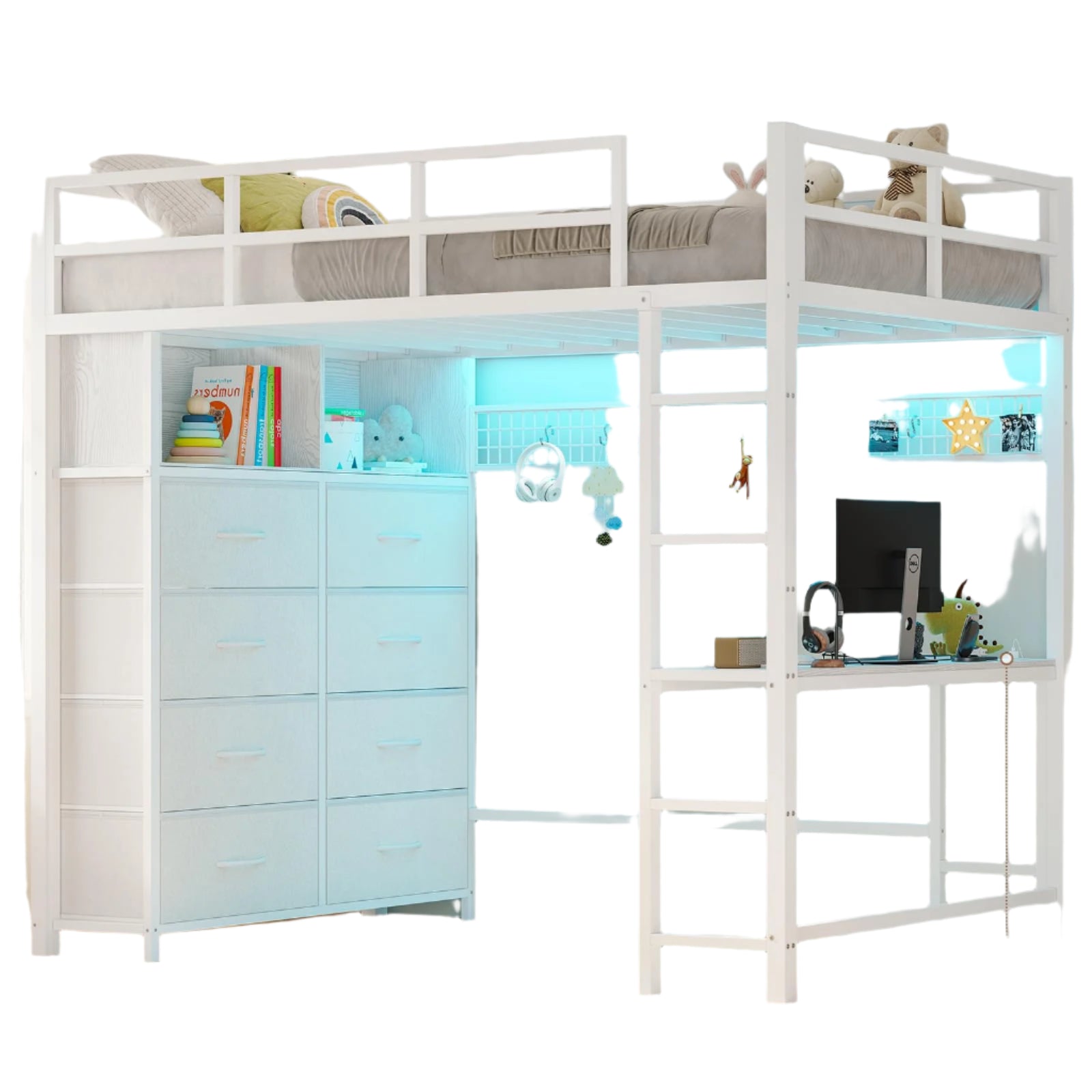 Twin Size Loft Bed with Desk and 8 Storage Drawers, Metal Kids Loft