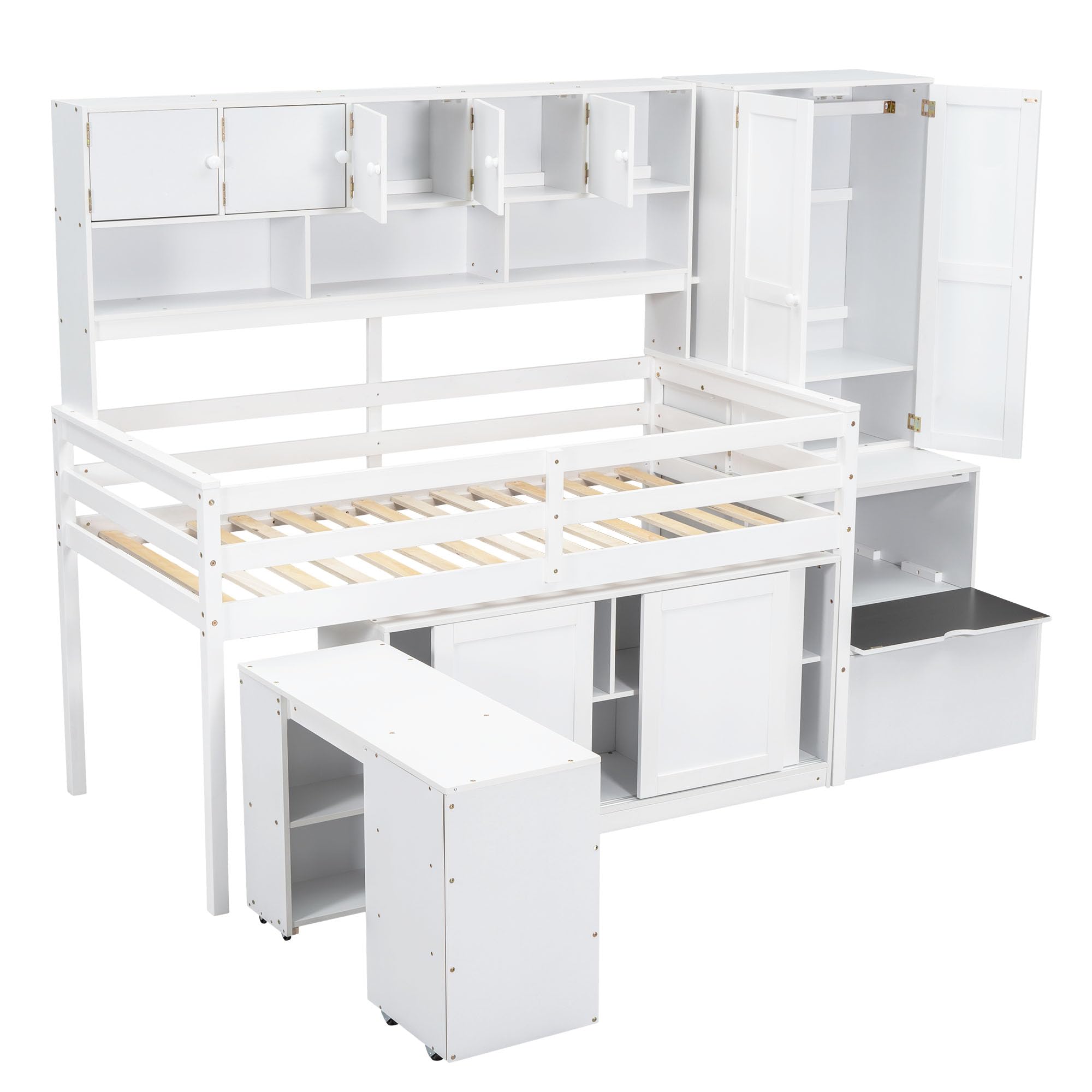 Bed Twin Size, Twin Loft Bed with Rolling Desk and Drawers, Shelves
