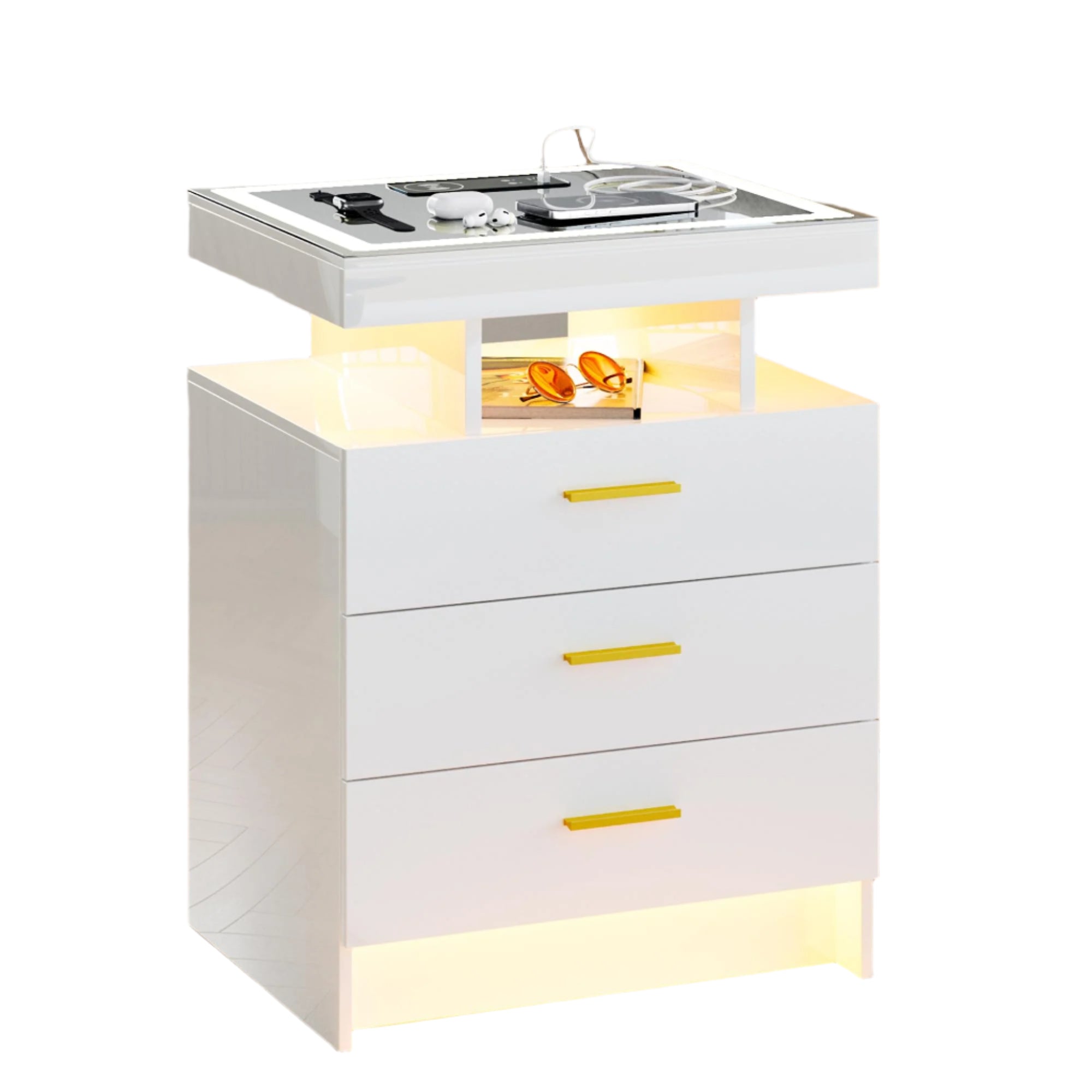 LED Nightstand with Wireless Charging Station, Auto Sensor 3 Color Dimmable Night Stand